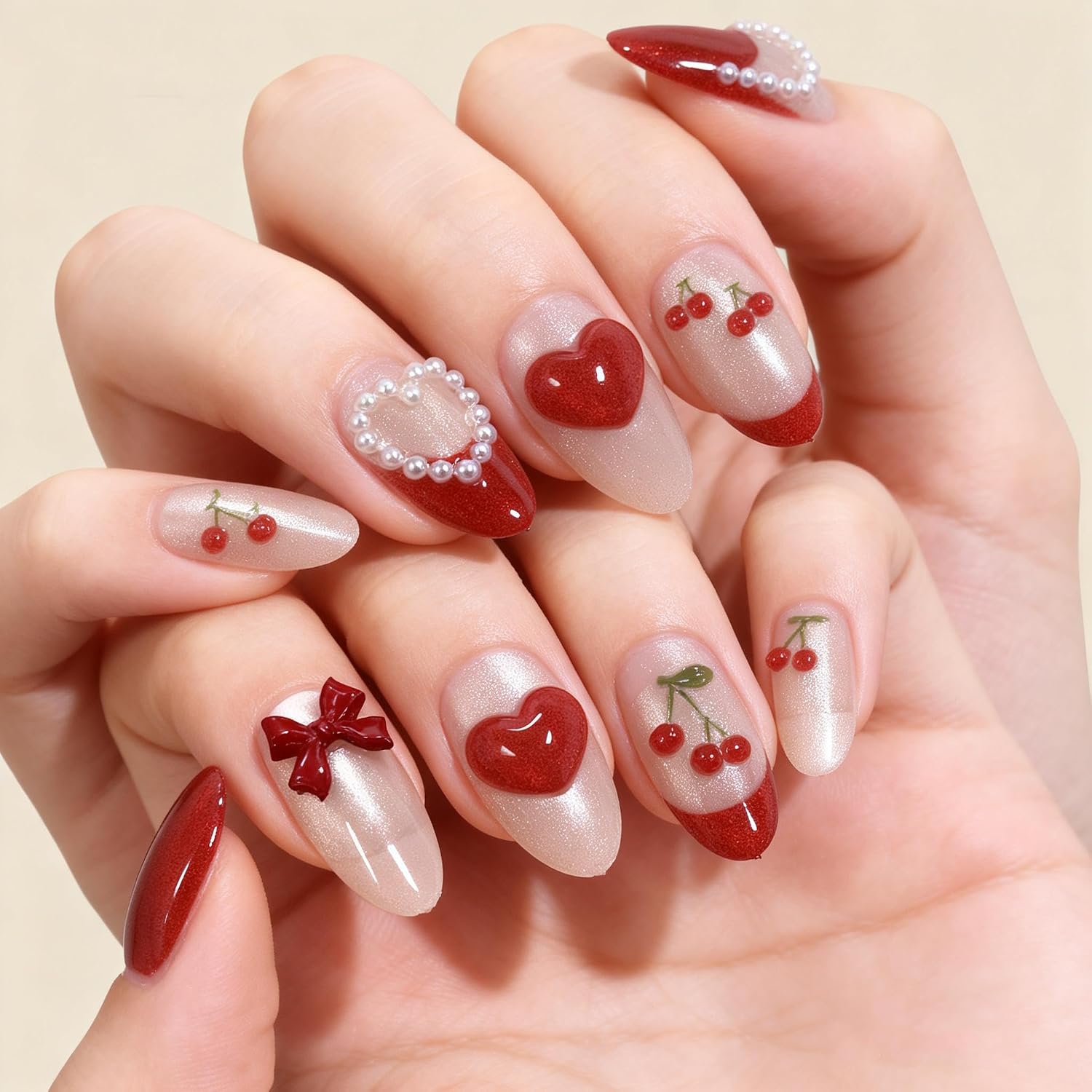 BABALAL Press on Nails Medium Almond Red Pink French Tip