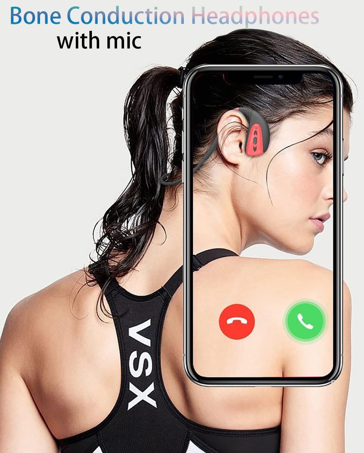 Waterproof Bone Conduction Headphones Bluetooth 5.0 Wireless Earbuds with 16G Memory IPX8 Open Ear Underwater Bluetooth Gym Headphones with Microphone for Swimming Running, Red