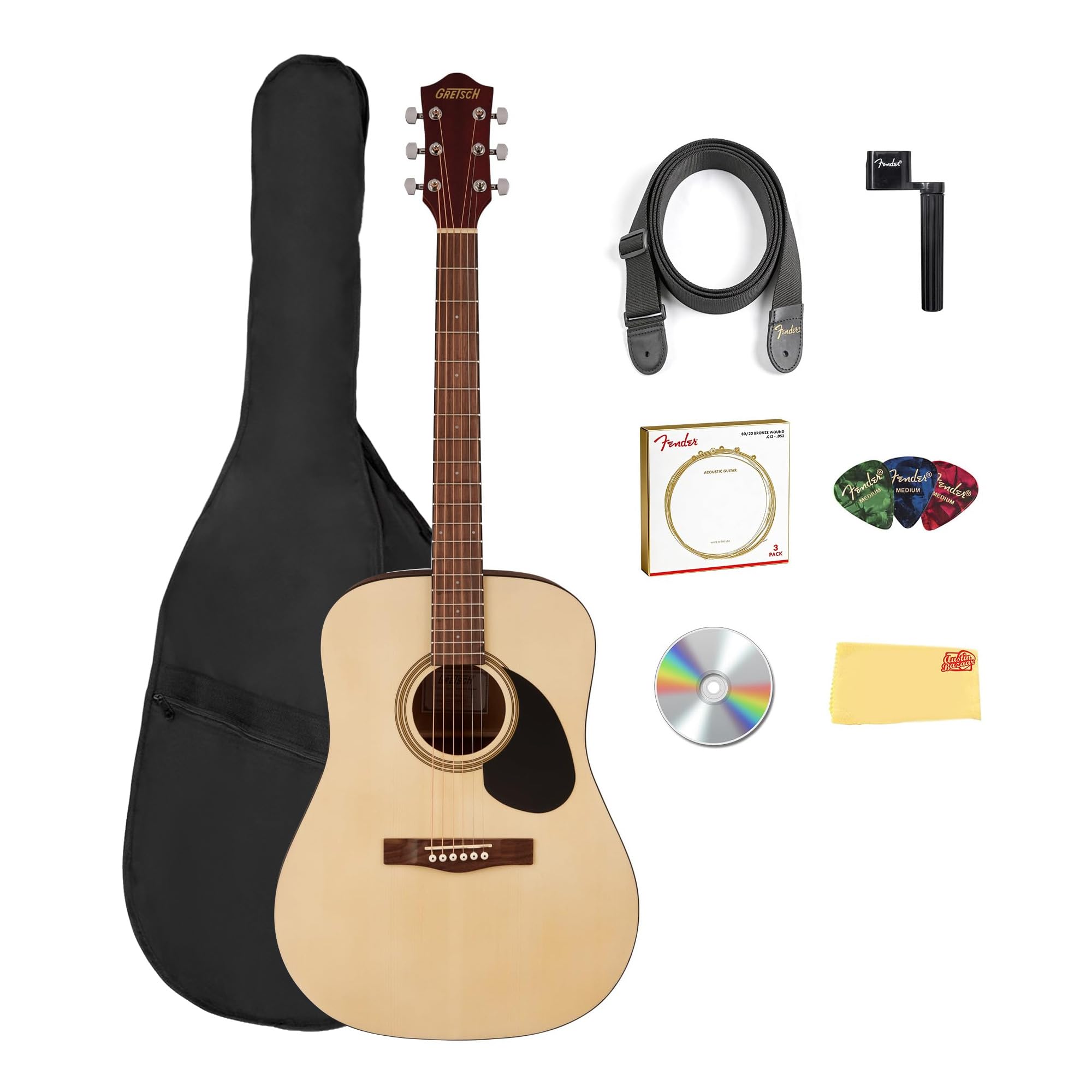 Gretsch Prelude D100 Dreadnought Acoustic Guitar - Natural Bundle with Gig Bag, Strap, Strings, String Winder, Picks, Austin Bazaar Instructional DVD, and Polishing Cloth
