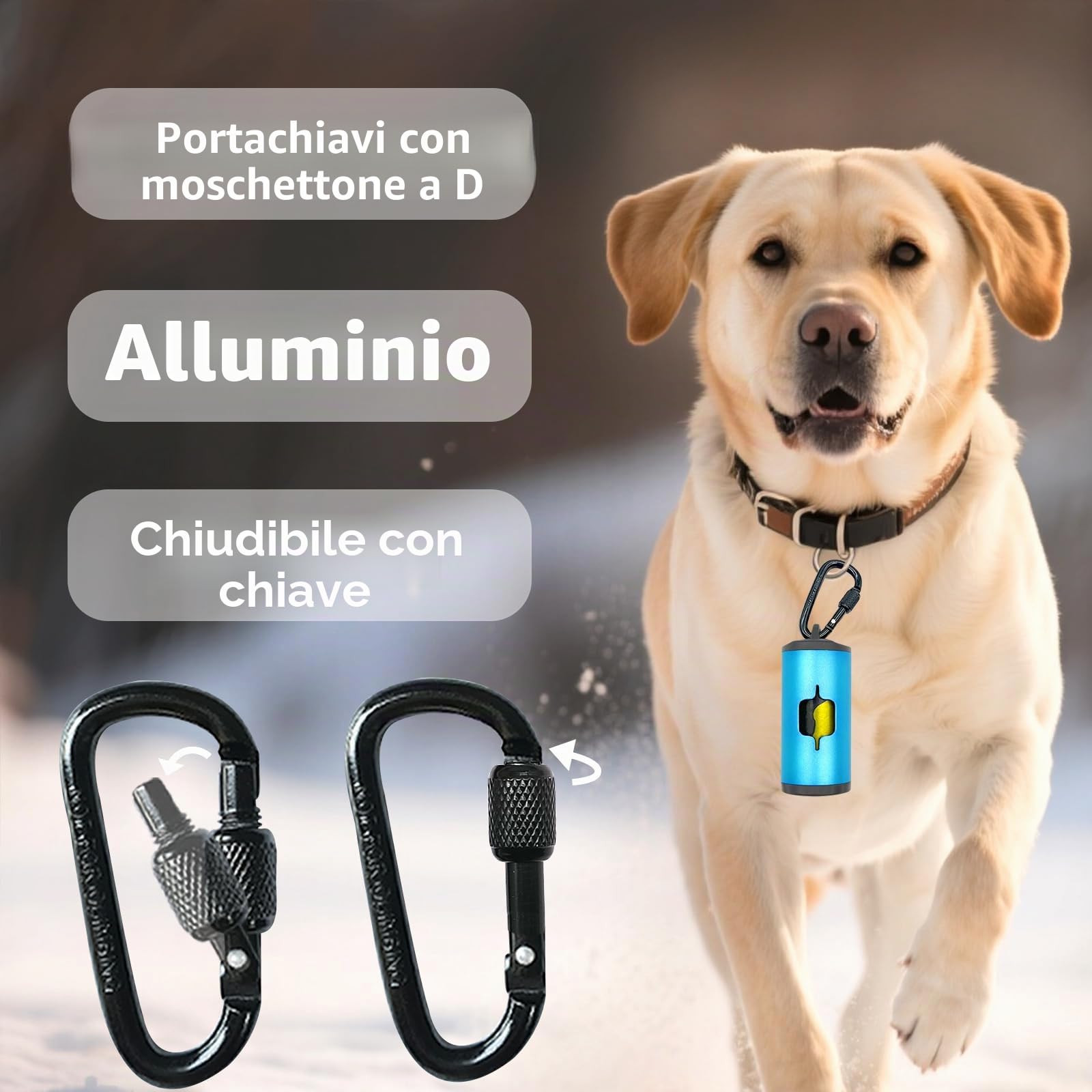 Porta sacchetti in metallo per cani con clip per guinzaglio, in alluminio resistente ai graffi, 15 sacchetti + 3 accessori (blu)