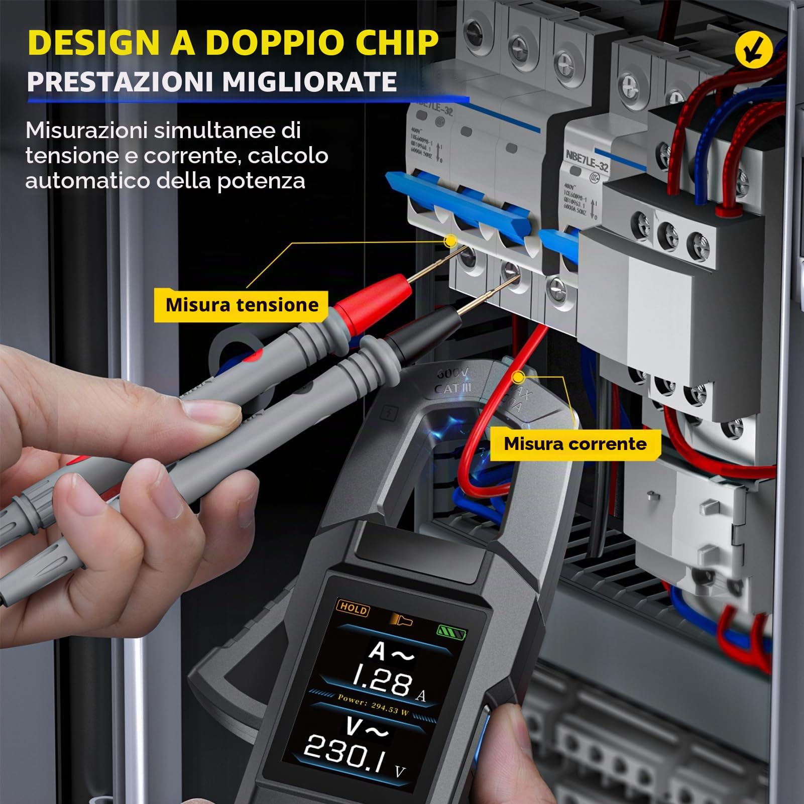 Pinza Amperometrica Multimetro Digitale 10000 Conti AC DC Voltmetro con Illuminazione LED Misure di Resistenza Capacitanza Tensione Corrente Temperatura Frequenza Diodi DMC-100