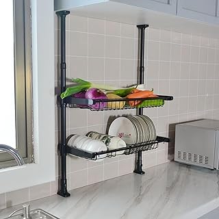[YXSNG] 水切りラック 突っ張り シンク上 2段 炭素鋼伸縮 炭素鋼 水切りかご 大容量 水切り つっぱり 62*26*68 キッチン 収納 スリム 棚 デザイン1 洗いかご スパイス コップ おしゃれ 調味料 コンパクト 一人暮らし キッチンラック 流れる 排水