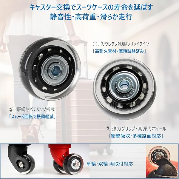 JUNYON静音シリーズ スーツケース タイヤキット サービス用交換ホイール ショッピン グカート スーツケース キャリーボックスなどの車輪補修用 4個入 ネジなどのパーツ工具付き 日本語説明書入 (透明色,車輪直径50mm) - 2