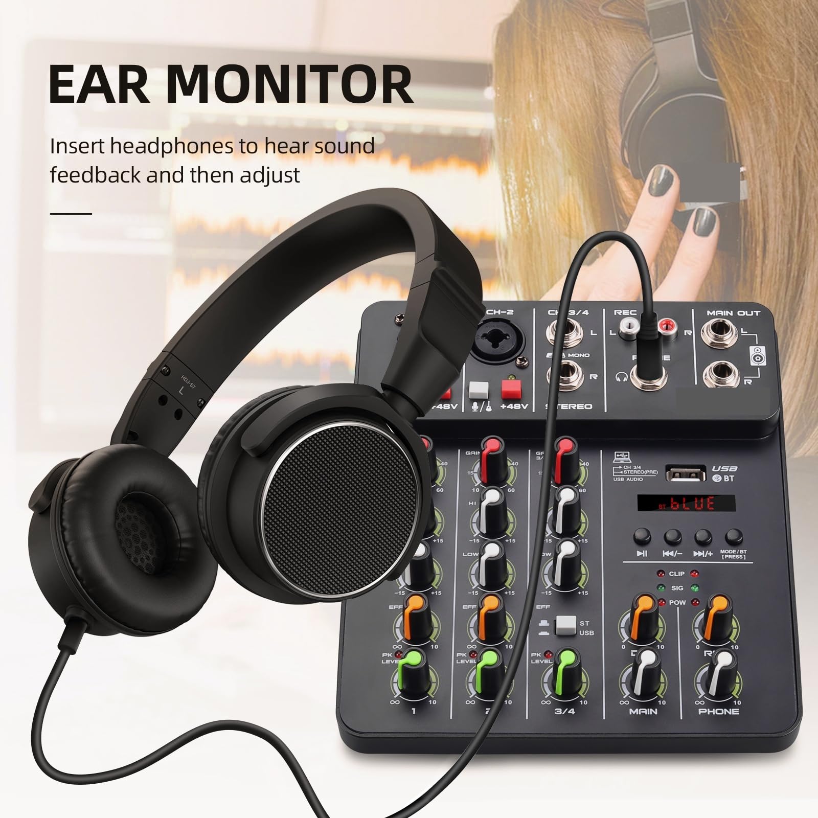 Mixer audio, V4 Mixer a 4 canali con Bluetooth USB 48V Alimentazione Phantom Effetti di riproduzione ritardata for console missaggio