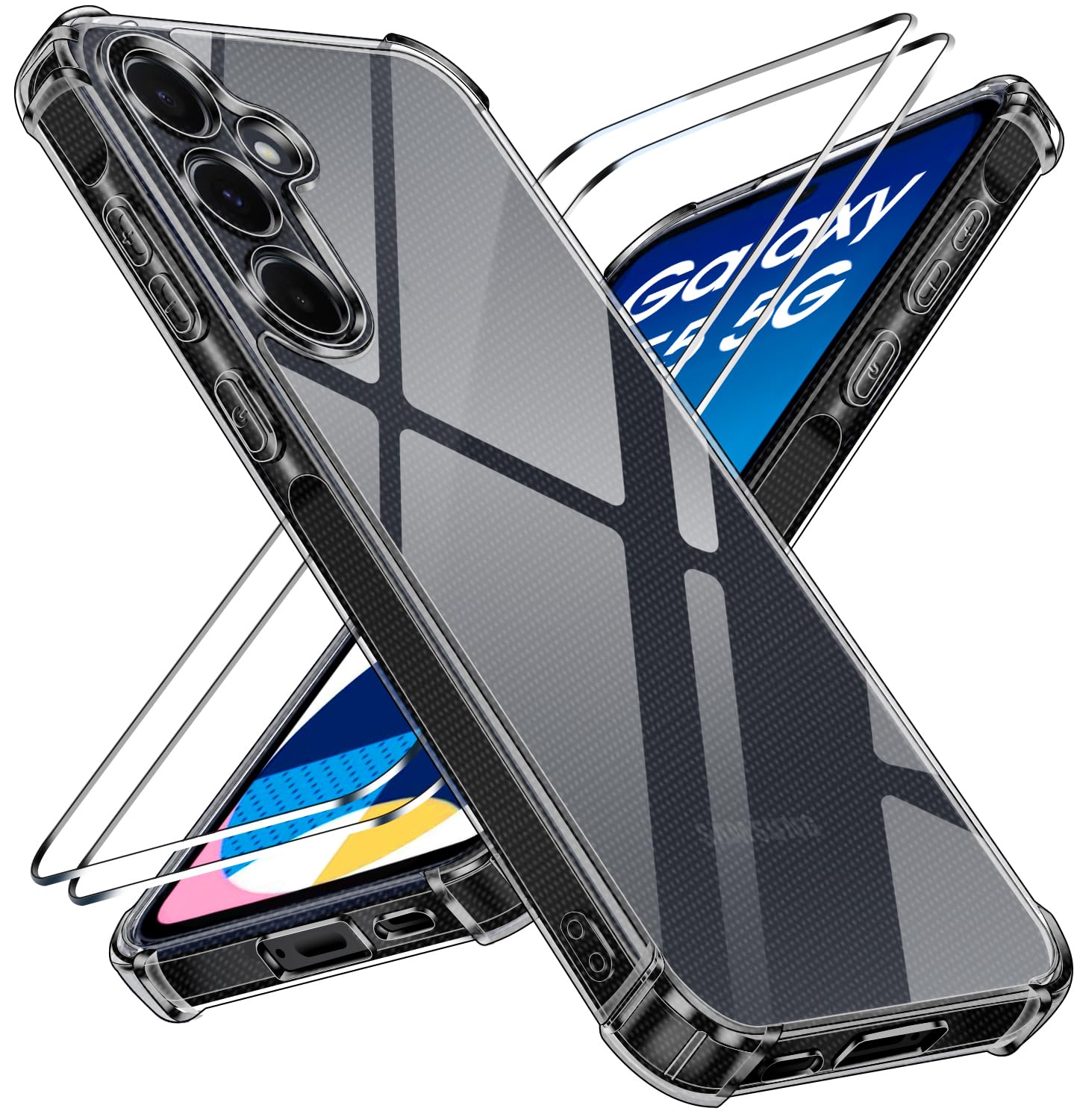 iVoler Anti Ingiallimento Chiaro Cover per Samsung Galaxy A55 5G con 2 Pezzi Vetro Temperato, Custodia Antiurto Trasparente per Assorbimento degli Urti con Paraurti in TPU Morbido Sottile Case (Nero)