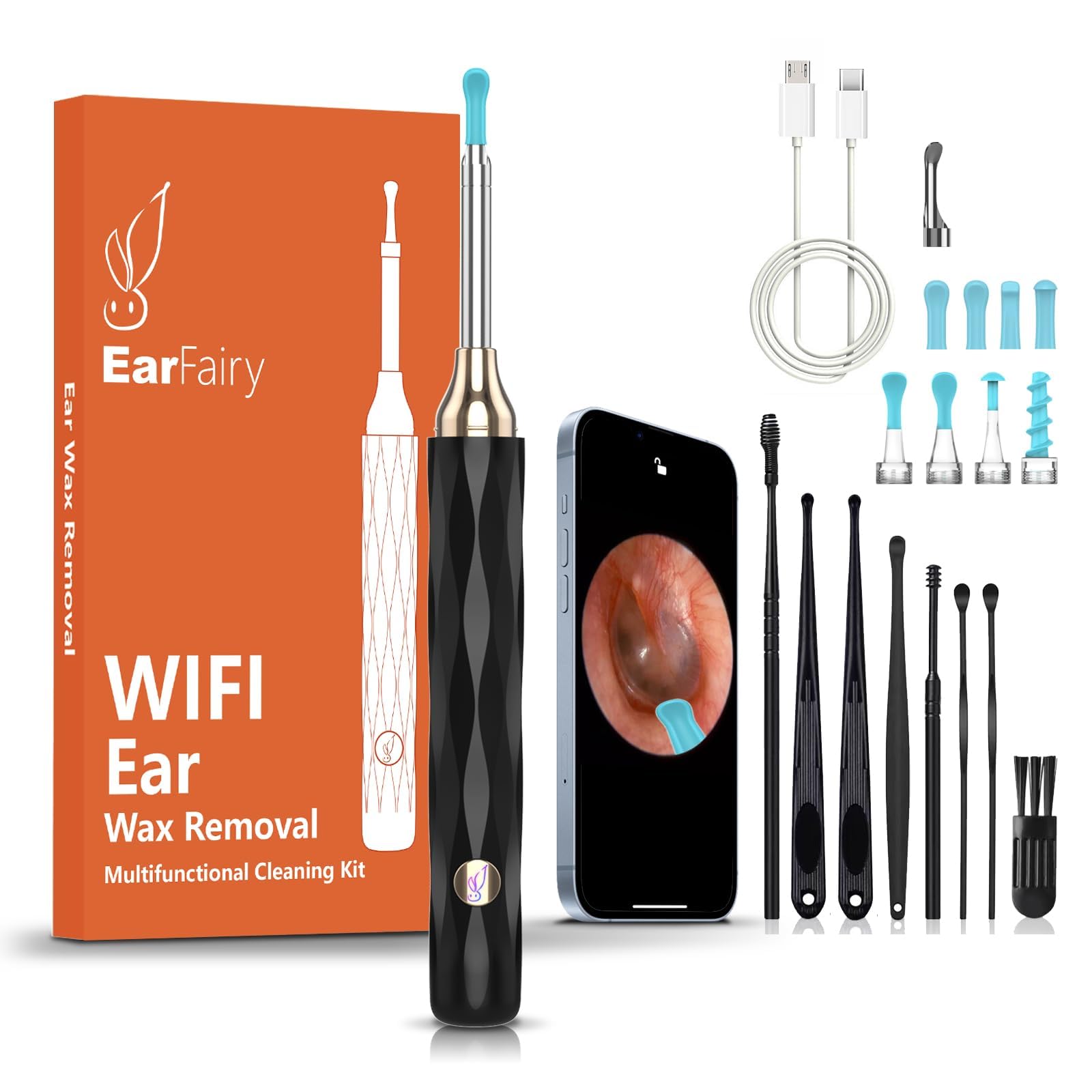EarFairy Otoscopio Pulisci Orecchie con Telecamera 1080P 3,5mm HD Impermeabile Rimozione di Cerume con 6 Luci LED WIFI Endoscopio Professionale per iPhone iPad e Android