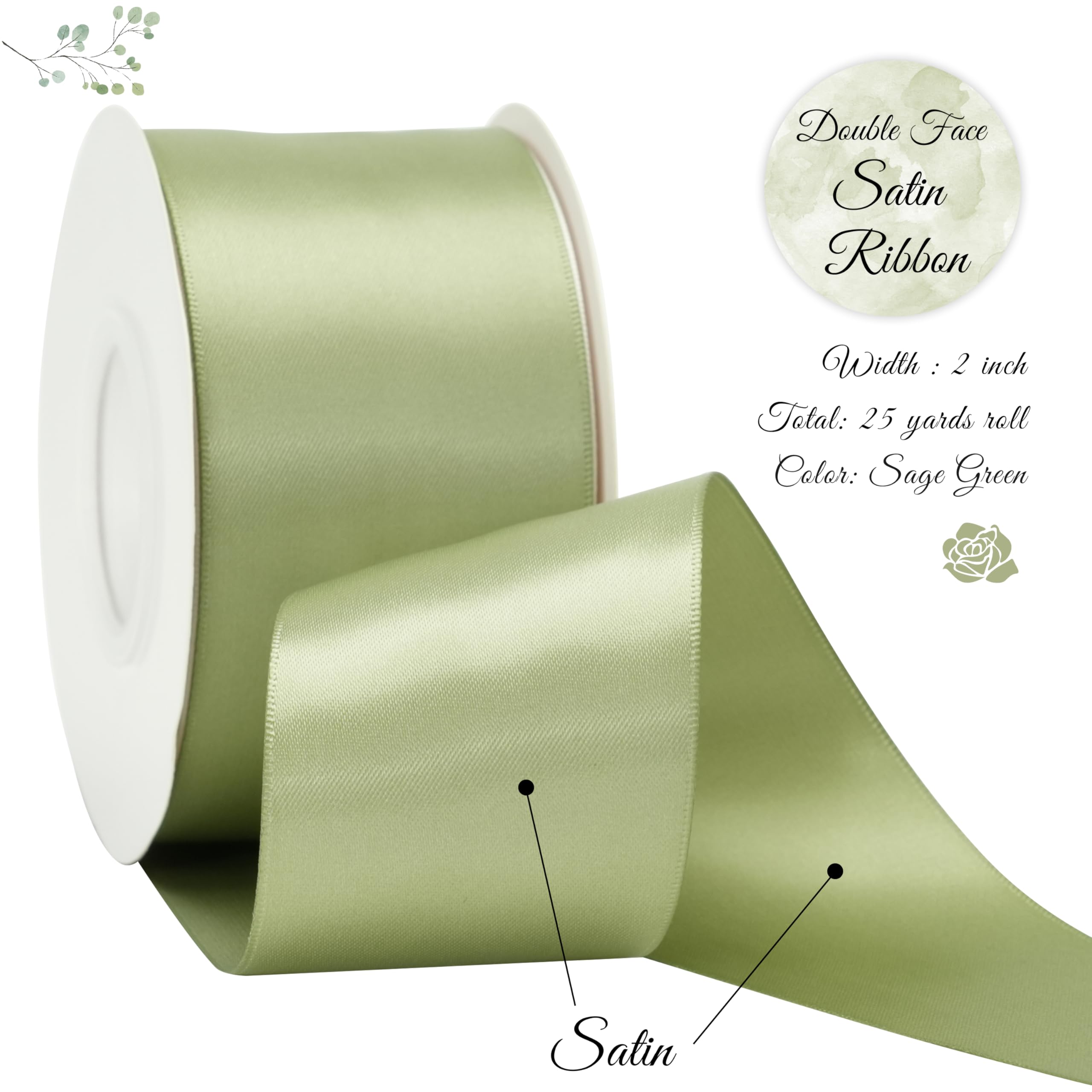 DINDOSAL Sage Green Ribbon Double Face Satin Ribbon 2 Inch Moss Ribbon for Wedding Bridal Bouquet Crafts DIY Party Decorations - 25Yards