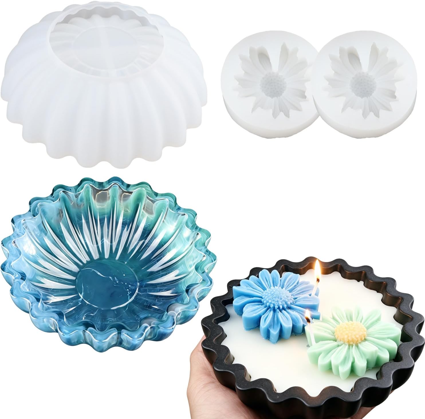 Silicone Bowl Mold with 2 Daisy Flower Silicone Molds for Candles, Flower Candle Mold, Resin Bowl Mold for DIY Tray, Trinket Holder, Candle Vessel, Soap Wax Making