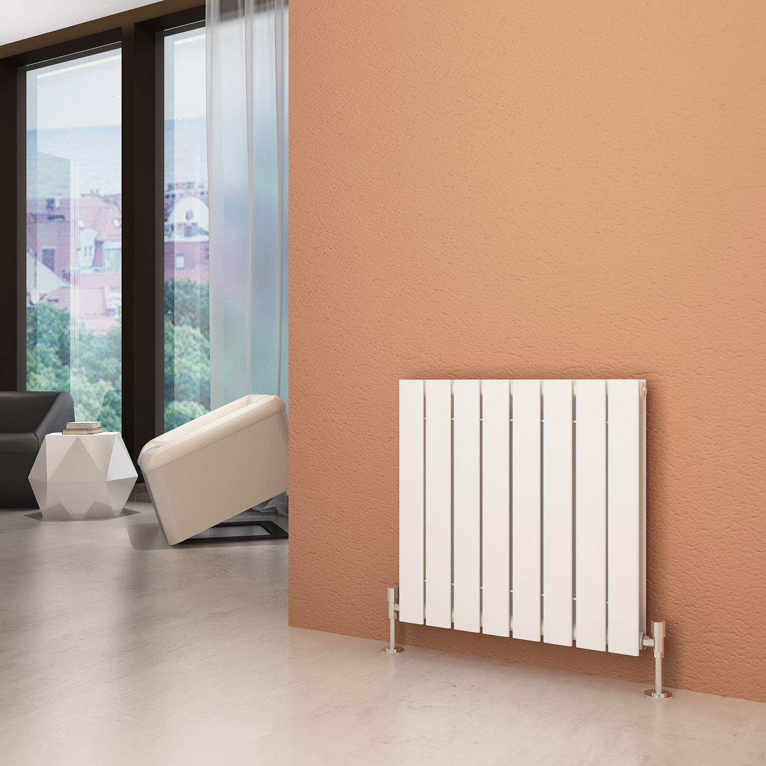 ELEGANT 600 x 600 mm White Column Horizontal Designer Radiators Double Flat Panel Horizontal Radiator, Modern Central Heating Space Saving Radiators