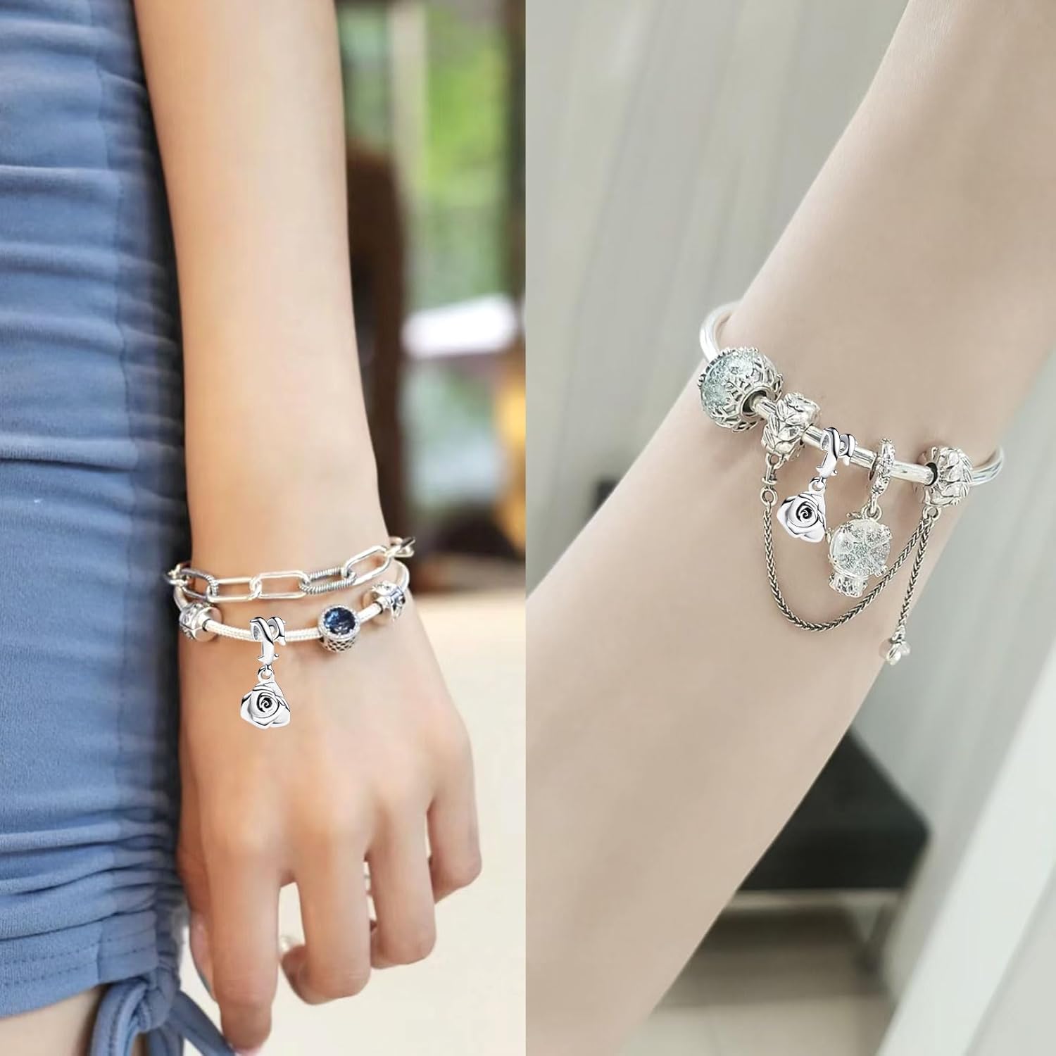 925 Sterling Silver Charms with 5A Cubic Zirconias for Bracelet Necklace Cherry Rose Flower Family Heart Charm Pendant Beads Rabbit Heart Friends Charm Jewellery Gift for Women Girls - Image 7