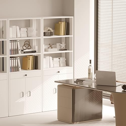 Miniatura 6 de Mostmahes Estantería alta industrial con cajones, armario de almacenamiento de libros, estantería blanca con puertas, estante abierto con estantes