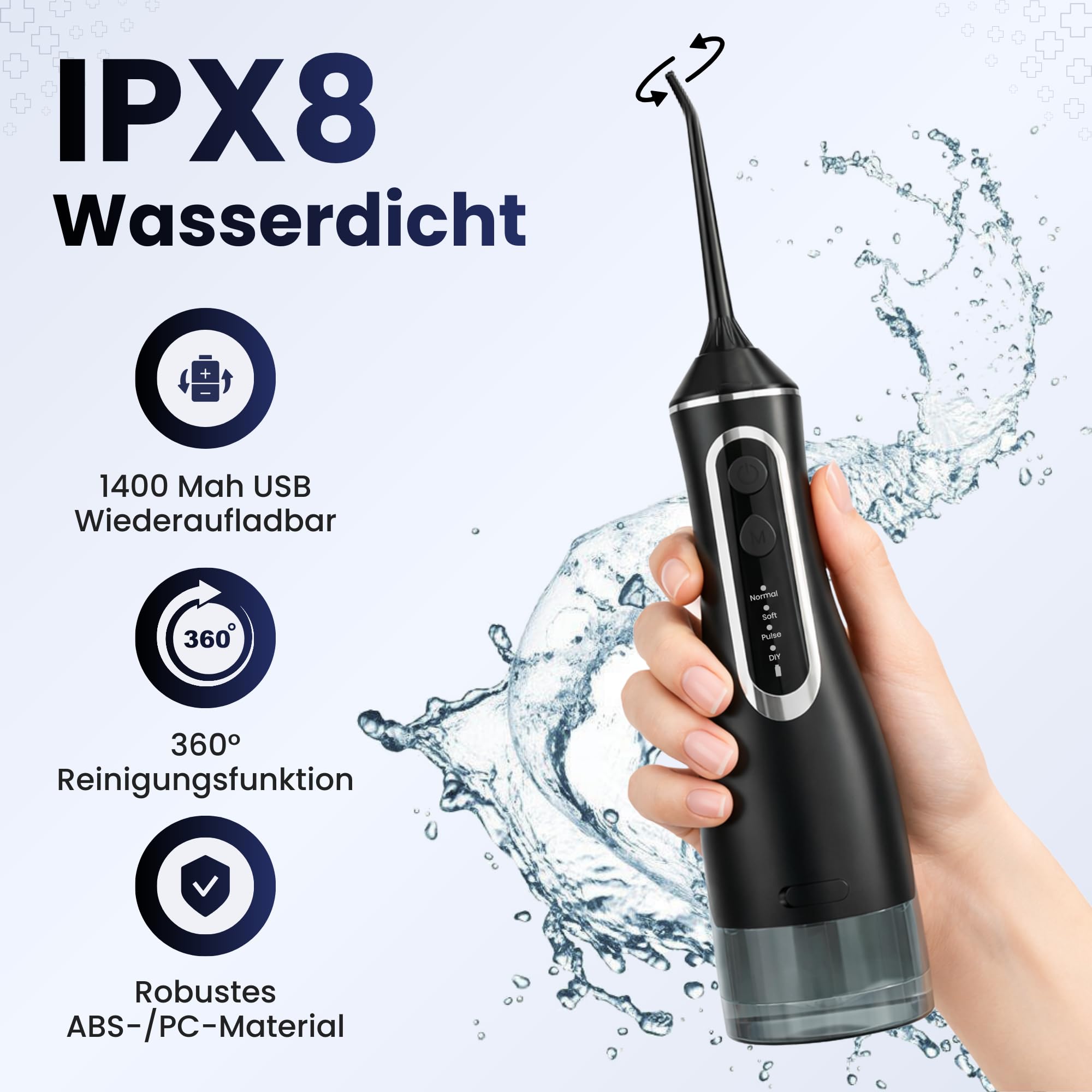 BeFit24 Elektrische Tragbare Munddusche 320 ml Water Flosser Kabellos IPX8 | Munddusche Waterflosser Tragbarer Dental Irrigator 4 Modi 120PSI 1400–1800/min | 1400mAh Batterie USB Wiederaufladbar