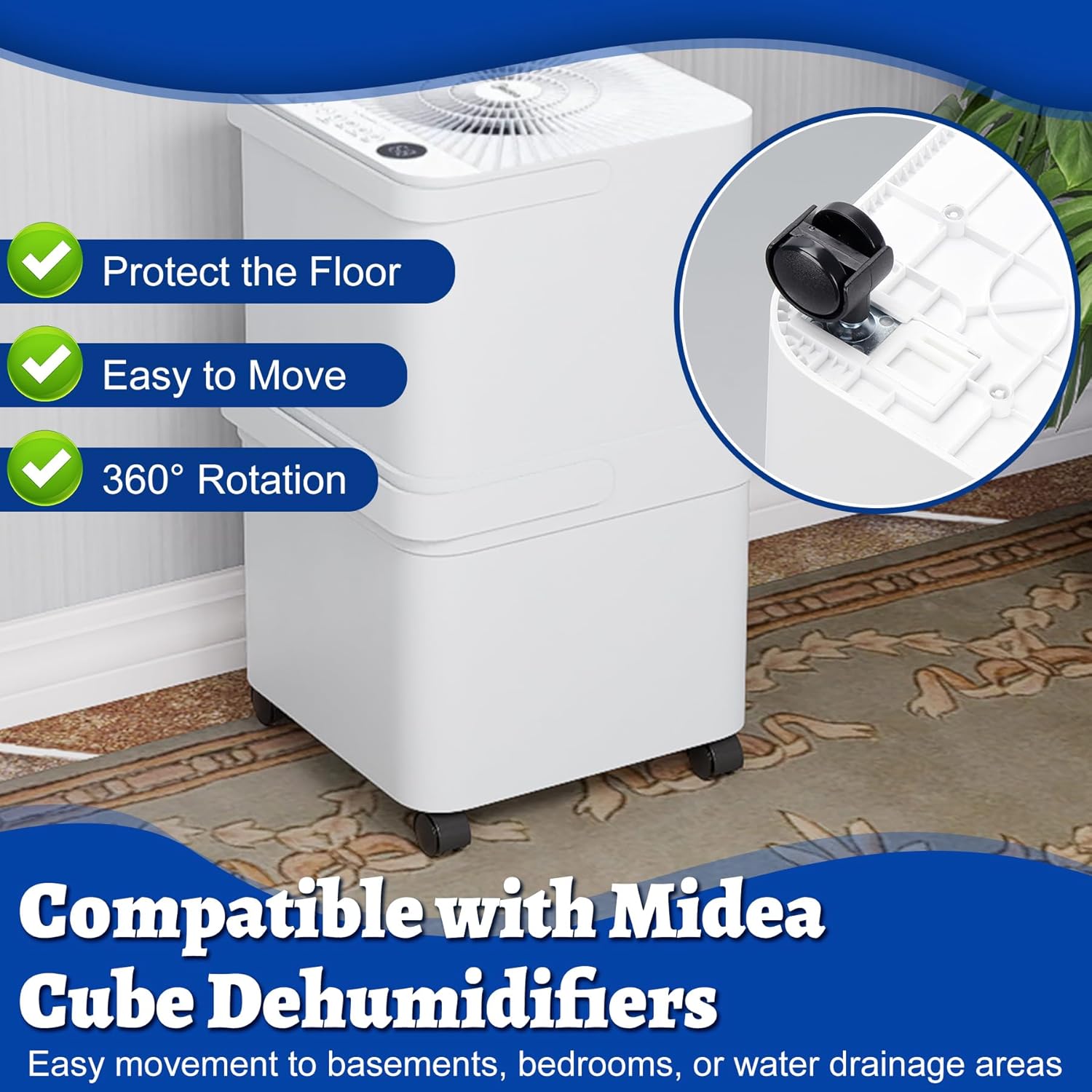 Dehumidifier Wheel Kit Compatible with Midea Cube Dehumidifier, Easy-Move Wheel Casters for Basement Dehumidifiers Mobilization, Replacement Wheel Accessories, 4 Pcs, Black