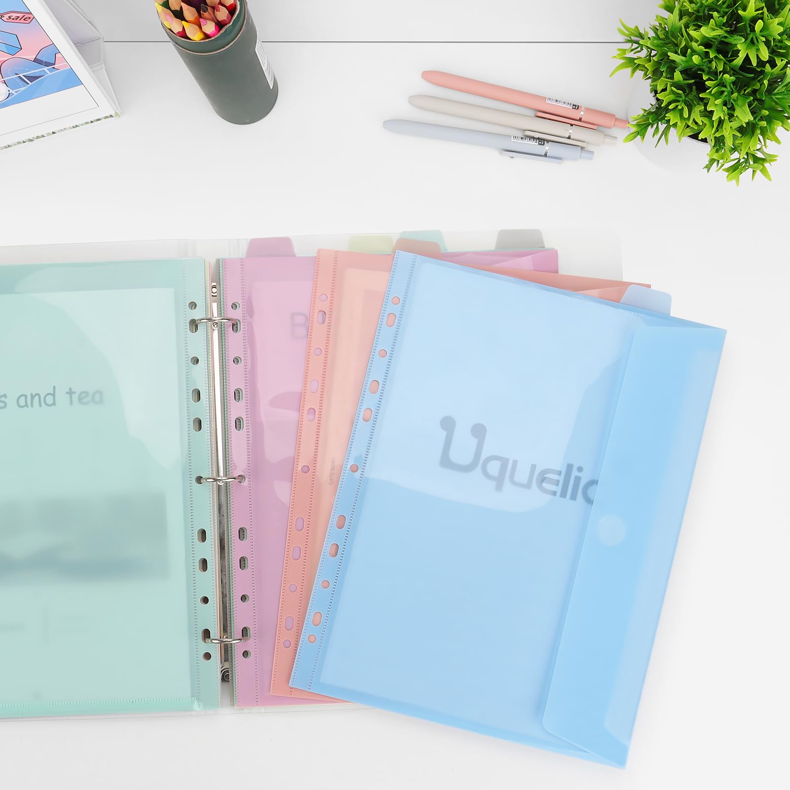 Uquelic Classeur avec Pochettes Perforées pour Documents Format A4 - Pochette Plastique, Trieur Document Pochette Plastique A4 avec Rabat - Maison/Bureau (Transparents Macarons)
