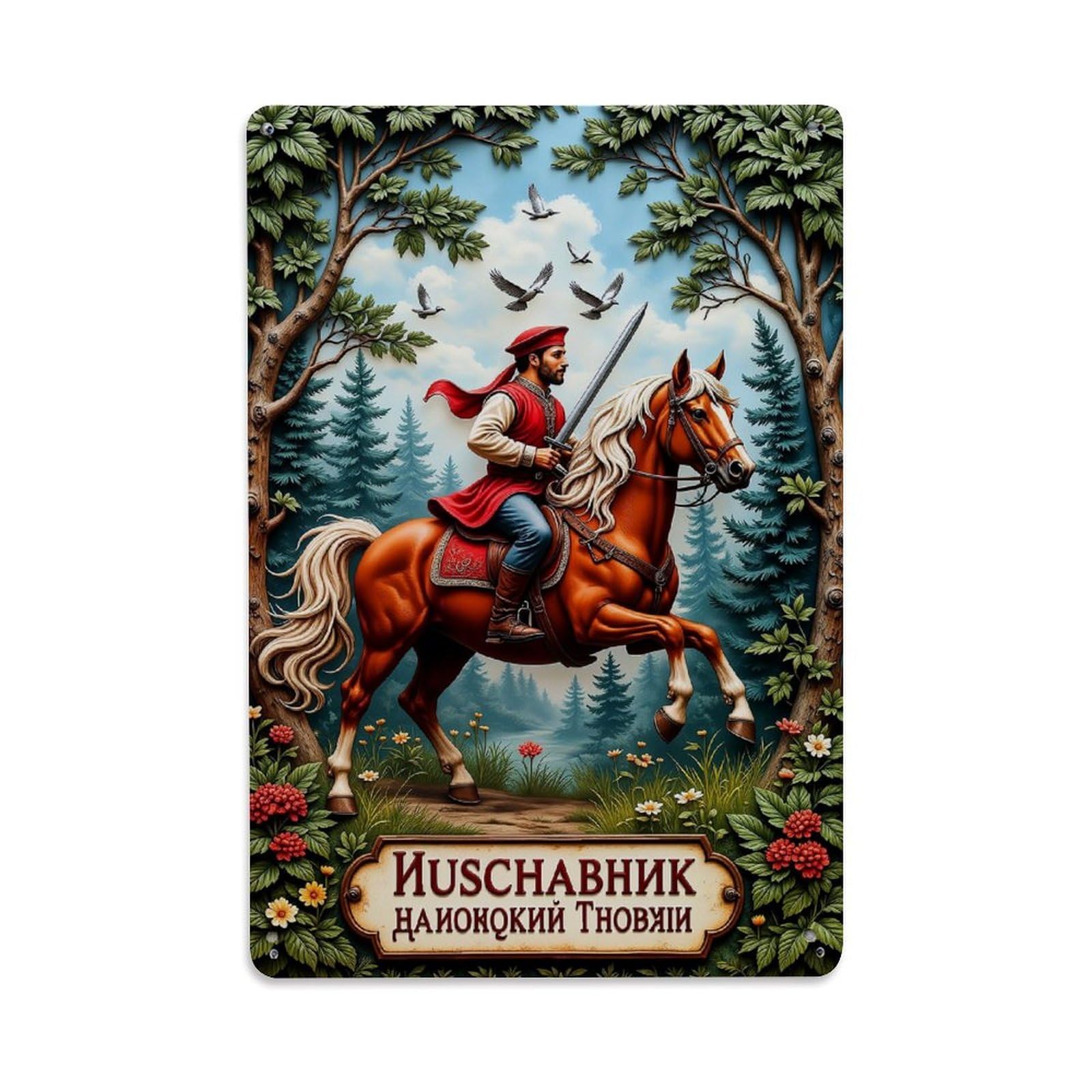 Knight Horse Forest Birds Flowers Vintage Tin Sign Retro Metal Wall Decor Metal Poster, Home Bar Garage Farmhouse Cafe Wall Art Decoration 8x12Inches