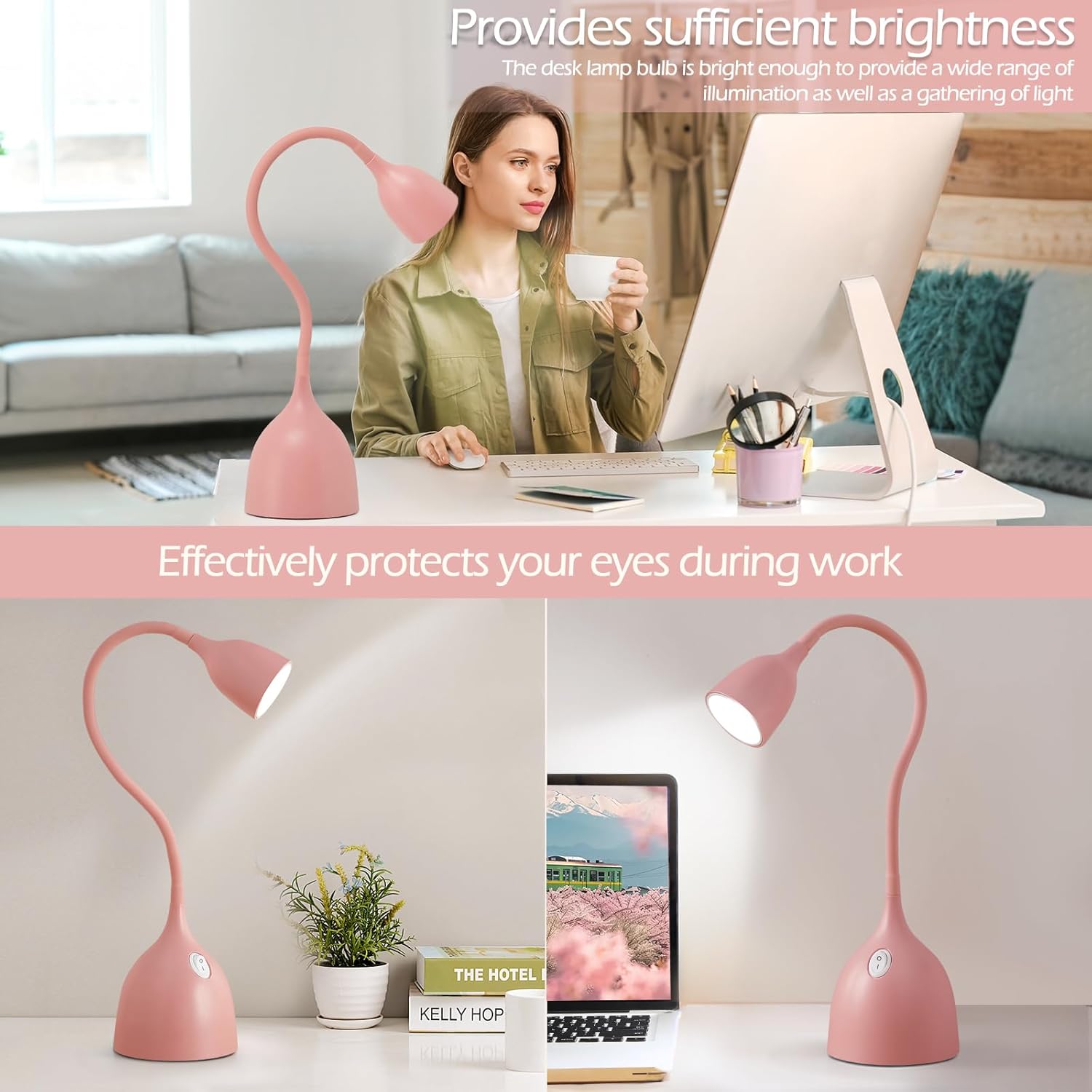 EJIAXIN Gooseneck Desk Lamp 360° LED Flexible Reading Light Small Desk Lamps for Small Spaces Home Office Bedroom College Dorm Desk Bookshelf Nightstand Table Lamp (Pink)
