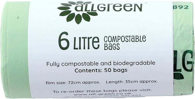 6 Litre x 50 All-Green Compostable Bags - Kitchen Caddy Liners - Food Waste Bin Liners - EN 13432-6L Bags with Composting Guide