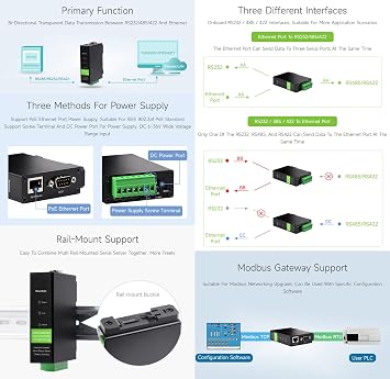 Waveshare RS232/485/422 إلى وحدة إيثرنت RJ45، TCP/IP إلى المسلسل، مع وظيفة POE، ناقل حركة شفاف ثنائي الاتجاه، مناسب للحصول على البيانات، مراقبة الأجهزة الذكية، إلخ