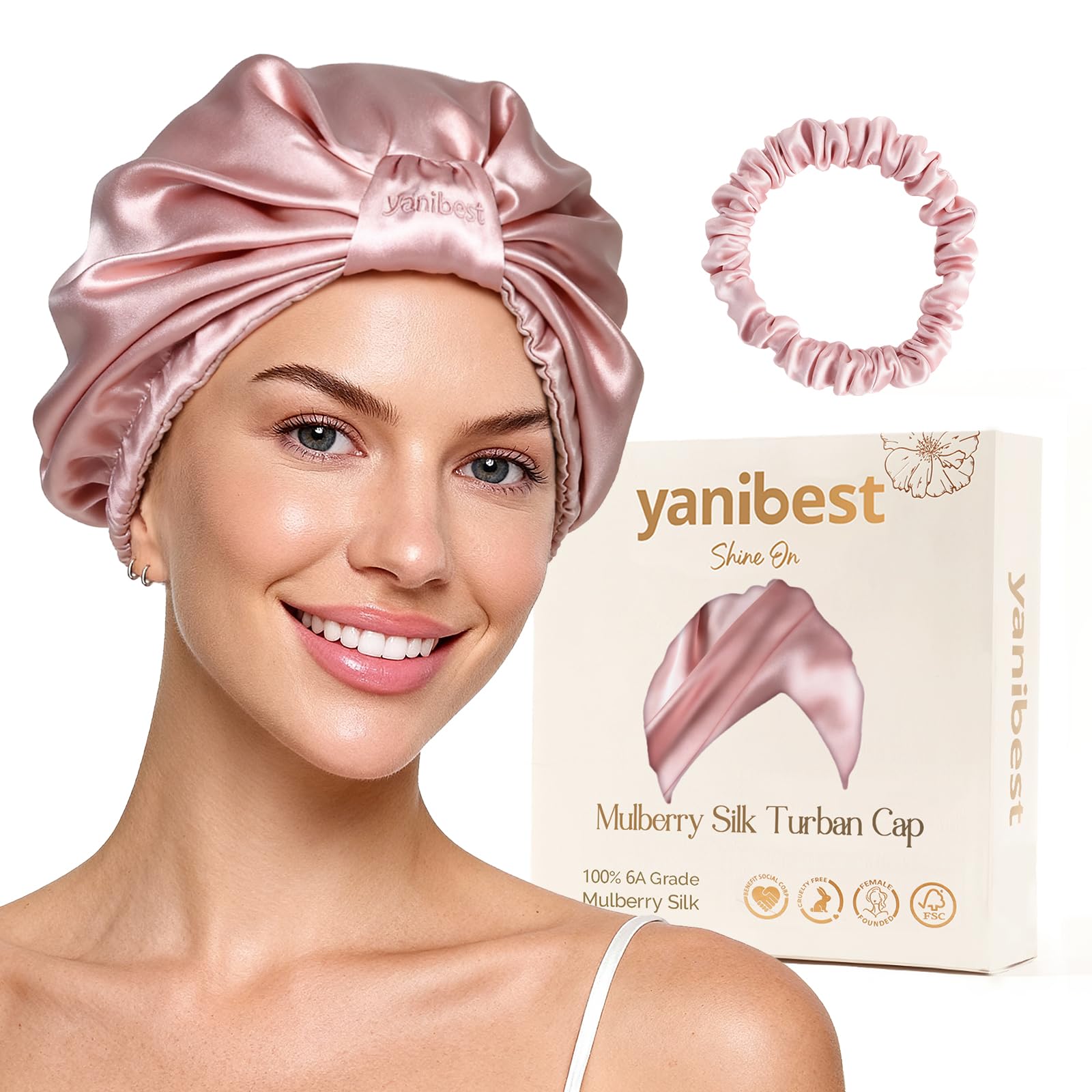 Yanibest Women's Pink 100% Mulberry Silk Bonnet, Adjustable Hair Bonnet For Sleeping Double Layer Soft Silk Turban, Hair Wrap Sleep Night Cap