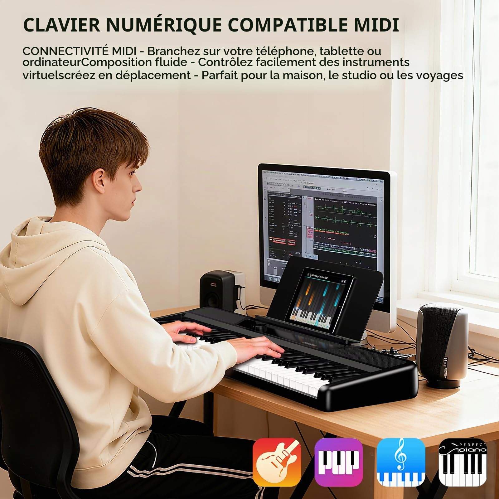 TERENCE Piano électronique à 61 touches avec support 2 haut-parleurs de 5 W réponse au toucher idéal pour débutants et adultes portable MIDI 128 sonorités