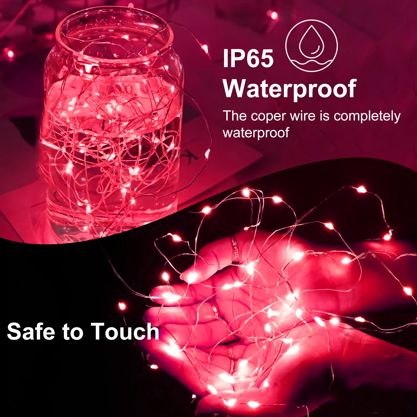 Guirnalda de luces de alambre plateado impermeable, funciona con pilas, 20 luces LED de luciérnaga y luna estrellada para bricolaje, Navidad, boda, fiesta, decoración de dormitorio (rojo