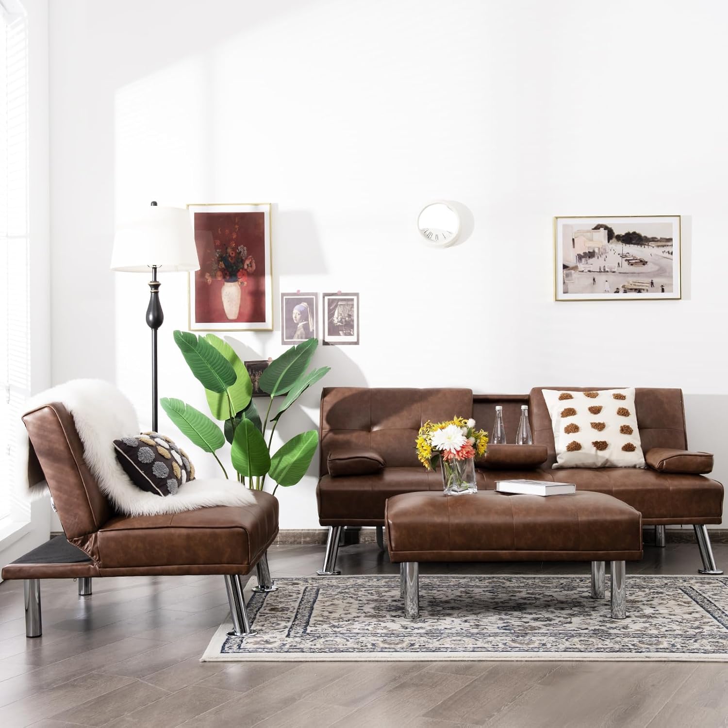 MARURY 3-Piece Sectional Sofa Set, Convertible Sectional Sofa Couch, Convertible Futon W/Single Sofa for Living Room, Home Furniture, Apartment