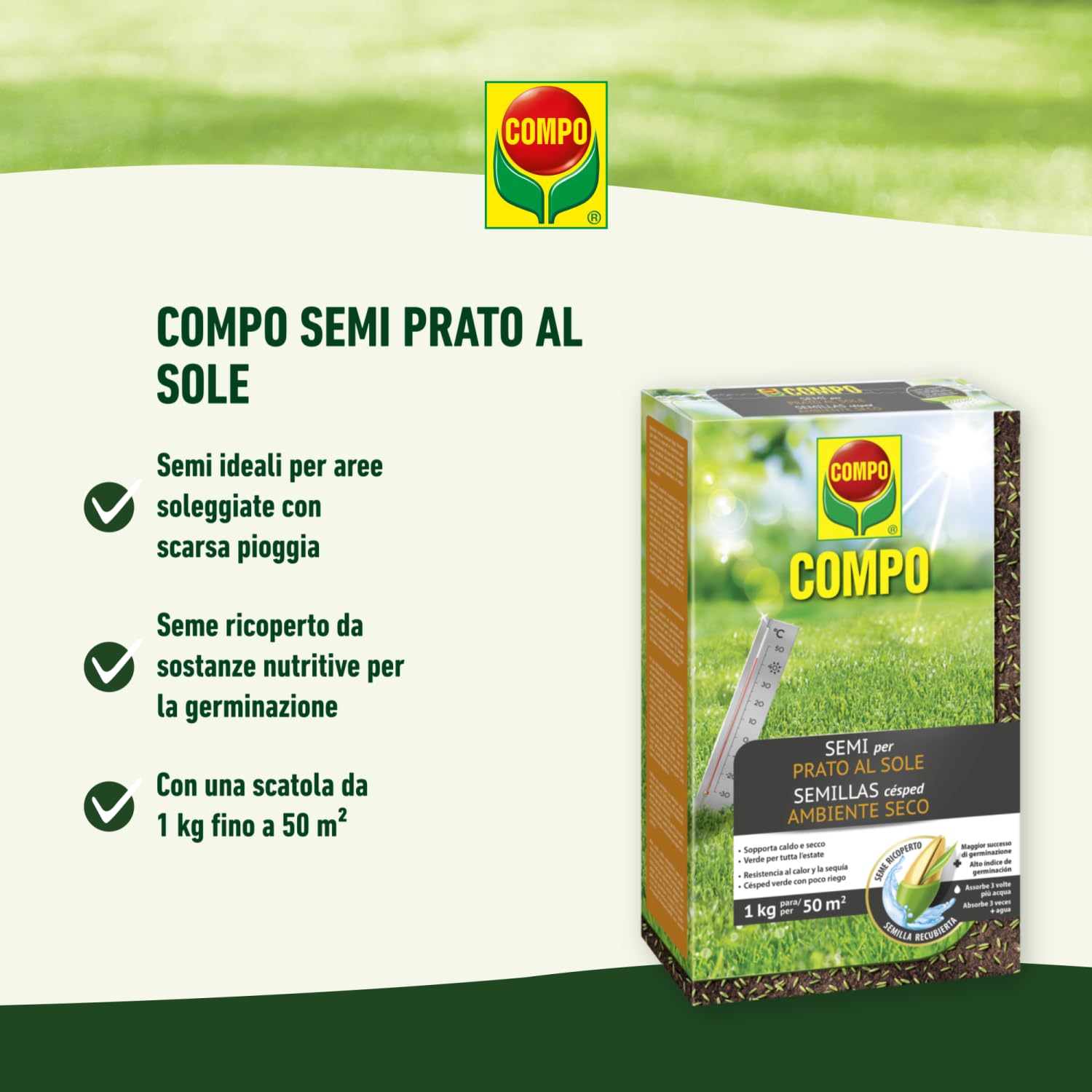 COMPO SEMI per Prato al Sole, Miscela Speciale, Seme Ricoperto, Germinazione Rapida, Per Prati Soleggiati, 1 kg