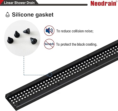 Miniatura 7 de Neodrain Drenaje de ducha lineal negro de 18 pulgadas con rejilla extraíble de patrón cuadrado, fabricante profesional de drenaje de piso de ducha
