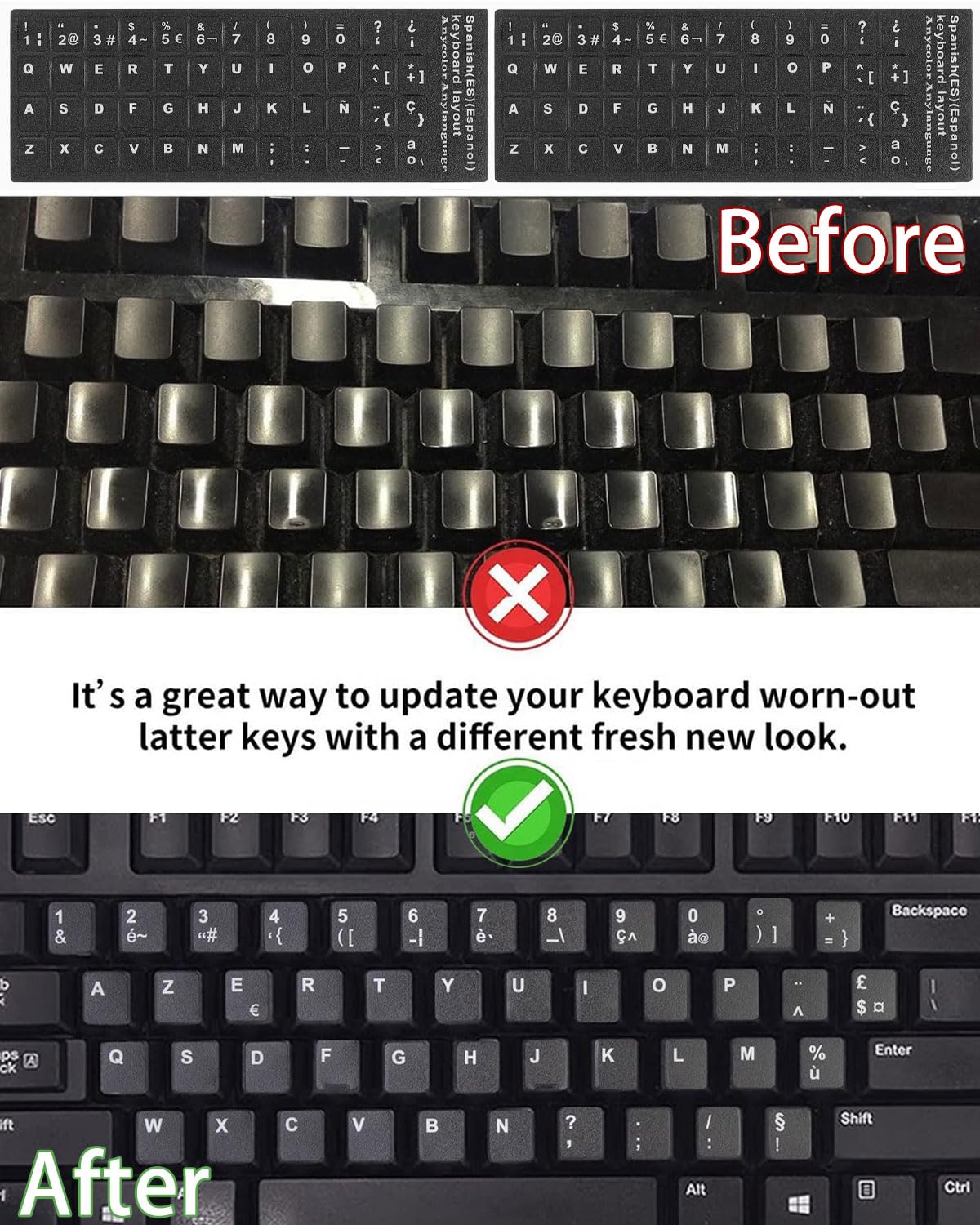 LEEQ 3 Piezas Pegatinas de Teclado Español Universales Calcomanías de Teclado de Repuesto Cubren Fondo con Letras Blancas para Computadora Portátil de Escritorio