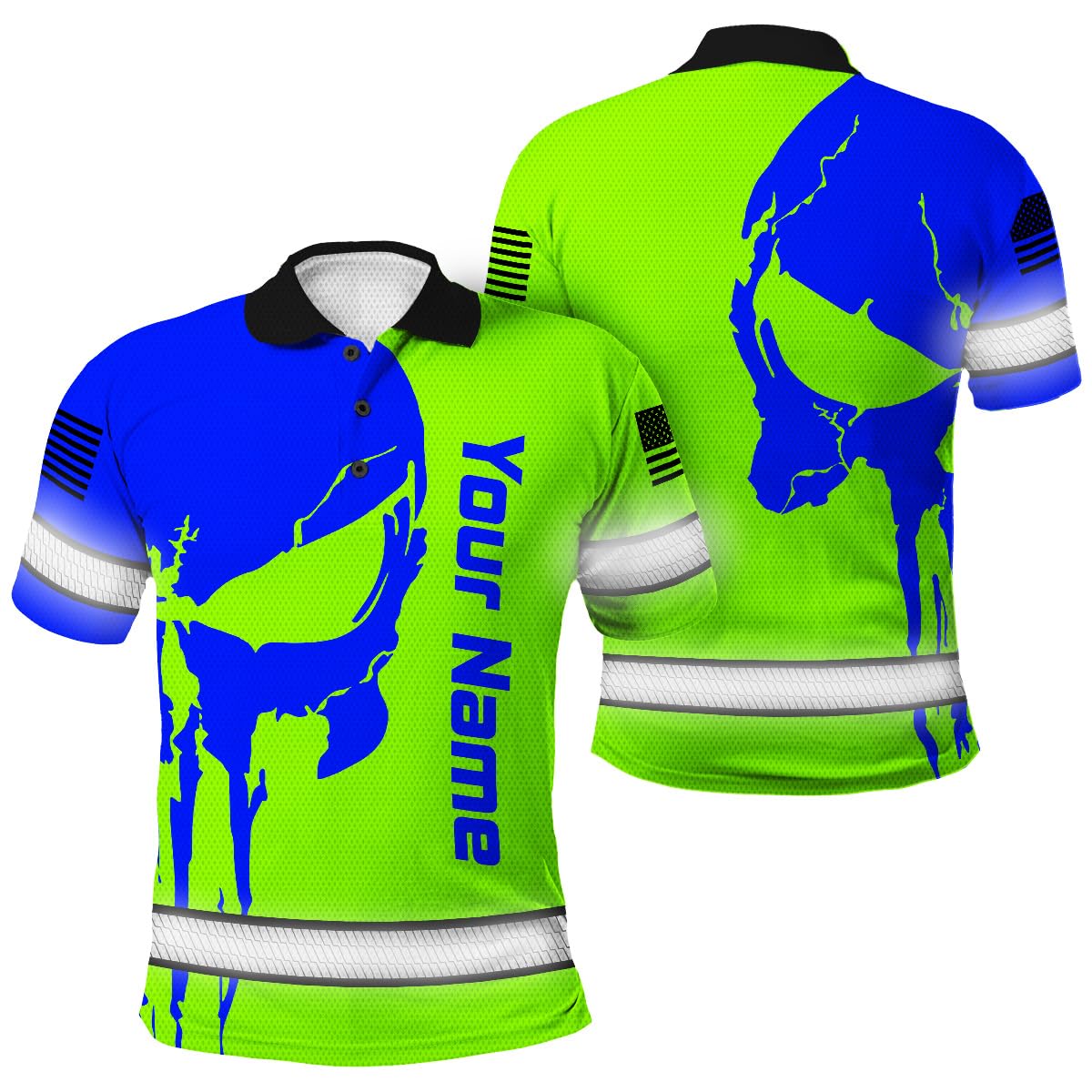 Maddly Hi Vis Polo Shirt Reflective Blue and Green Neon Skull US Flag Custom Name Safety Workwear for Workers, Runners, Cyclists, Trucker, Operator, Patriotic-2XL