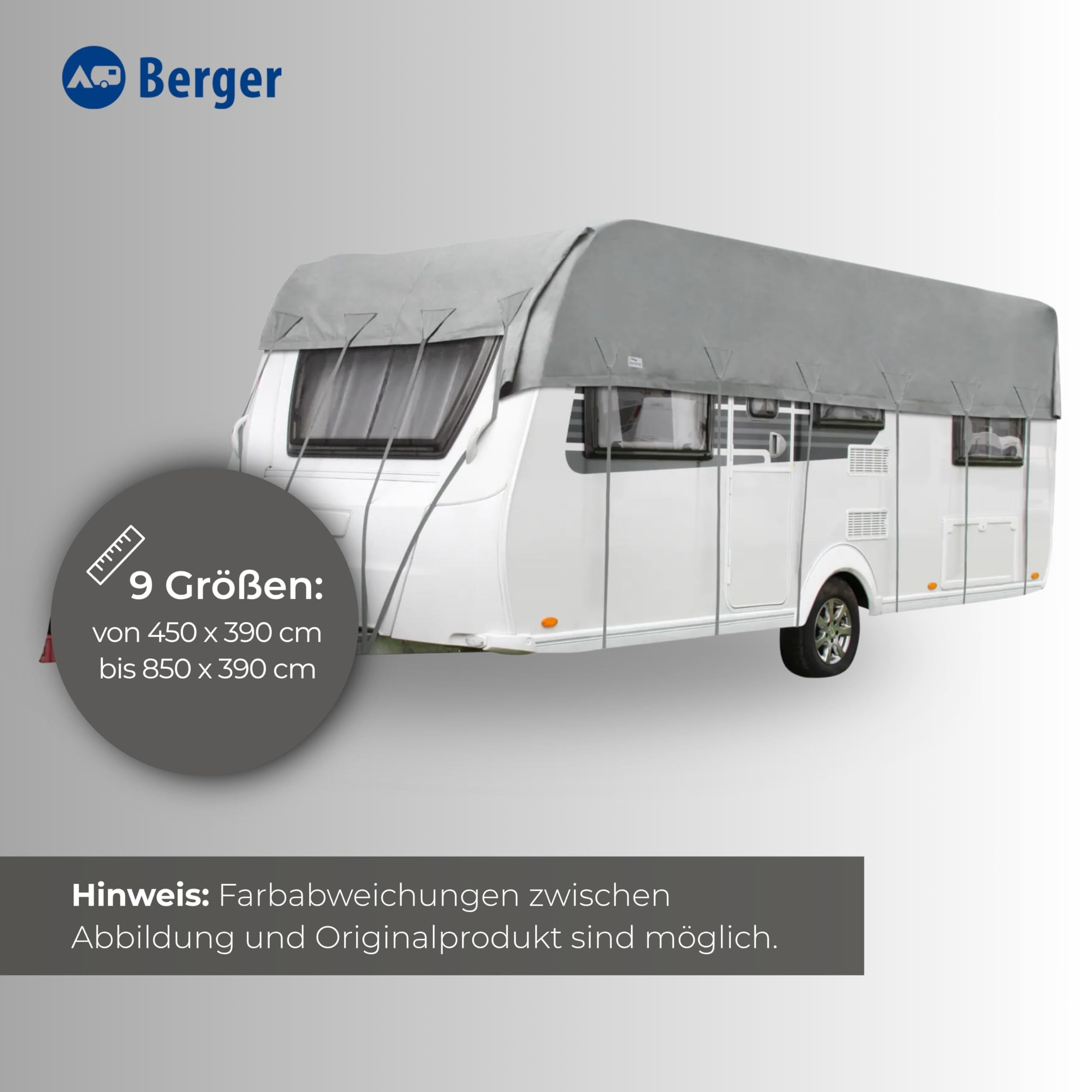 BERGER Dachschutzplane Wohnwagen Schutzhülle | Wetterfeste Wohnwagenabbdeckung in 9 Größen: 450–850 x 390 cm | Atmungsaktive Wohnwagenplane mit Tragebeutel & Spanngurten (600 x 390 cm)
