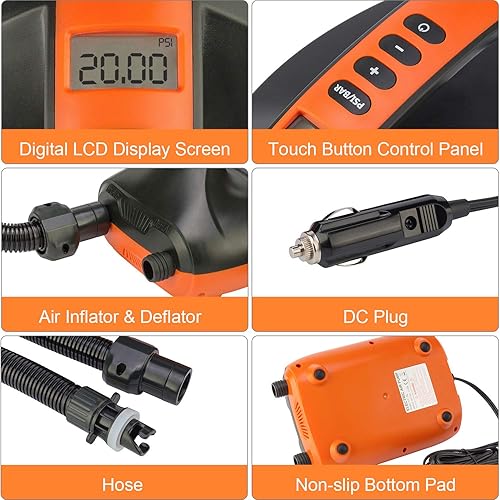 Miniatura 4 de Tuomico Max 20 PSI SUP Bomba de aire eléctrica con doble etapa de inflado y desinflado, bomba eléctrica digital LCD con 6 boquillas para tablas de