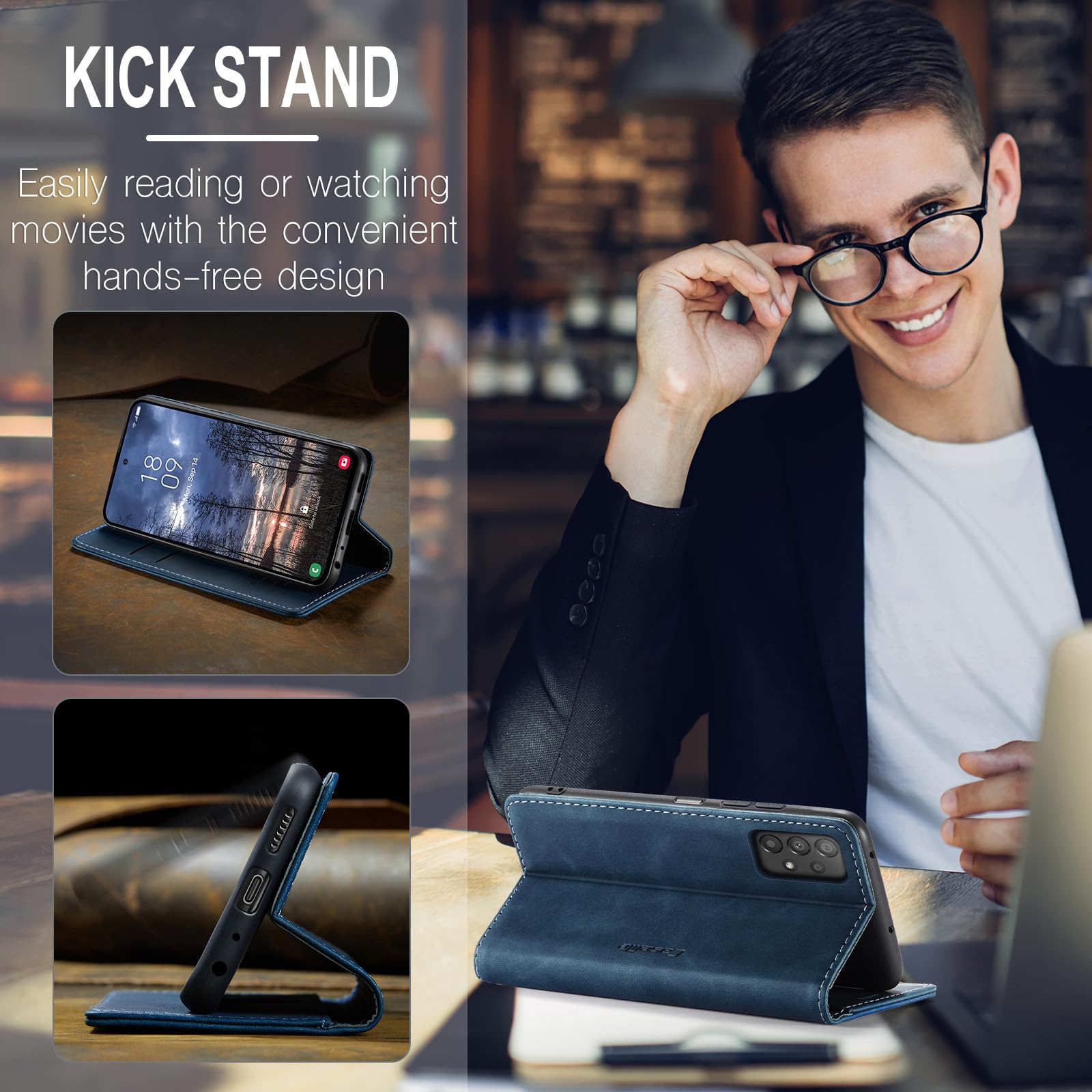 Azororo Cover per Samsung Galaxy A52 5G, Premium PU Pelle Custodia, Magnetica Carta Fessura Portafoglio Case, Flip Cavalletto Custodia per Samsung Galaxy A52 - Blu