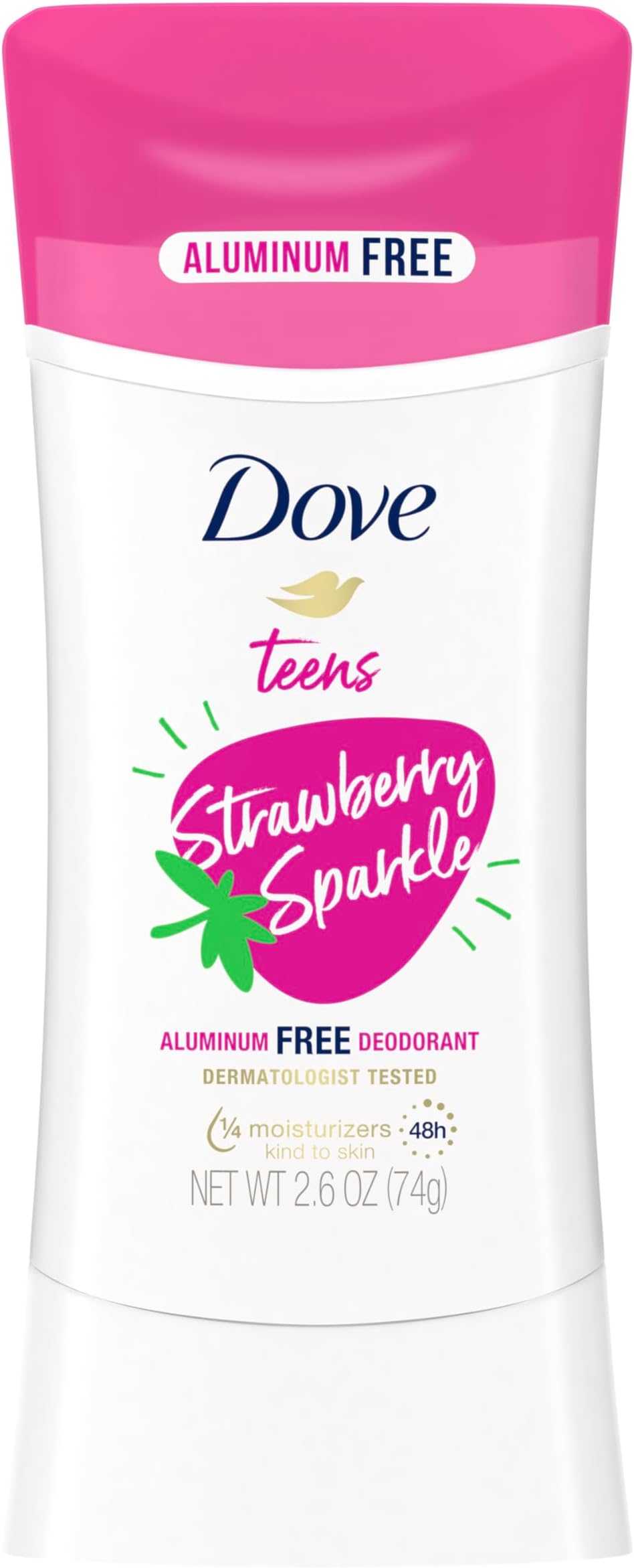 Dove Teens Deodorant Stick Strawberry Sparkle, for gentle underarm care, 48-hour odor protection and aluminum free deodorant, 2.6 oz