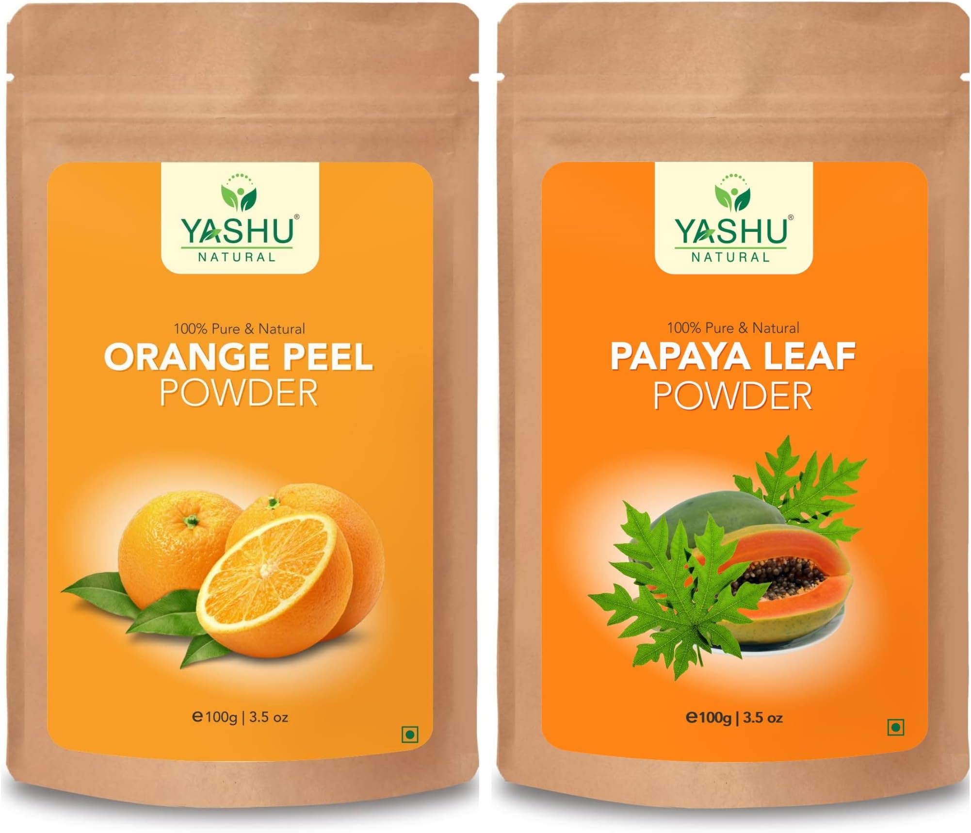 YASHU Pure & Organic Orange Peel & Papaya Leaves Powder for Skin Brightening | Face Pack for Pigmentation Control | Pack of 2 (200g)