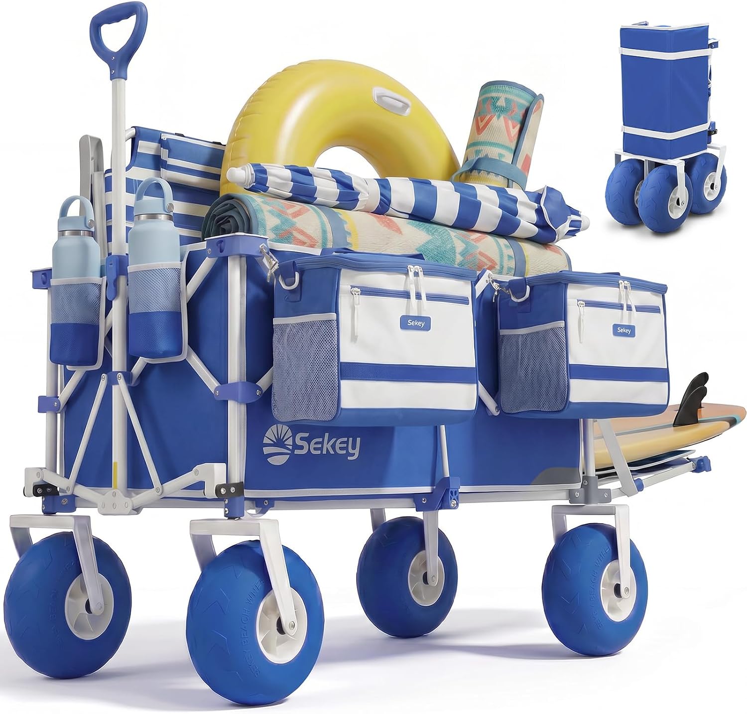Sekey Heavy Duty Beach Wagon with 9 Big Sand-Proof Wheels, 300L Oversized Foldable Beach Cart with Cooler| Adjustable Handle & Balloon Tires for Sand, Camping,Vacation