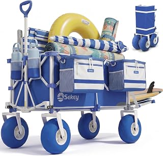 Sekey Heavy Duty Beach Wagon with 9" Big Sand-Proof Wheels, 300L Oversized Foldable Beach Cart with Cooler| Adjustable Handle & Balloon Tires for Sand, Camping,Vacation