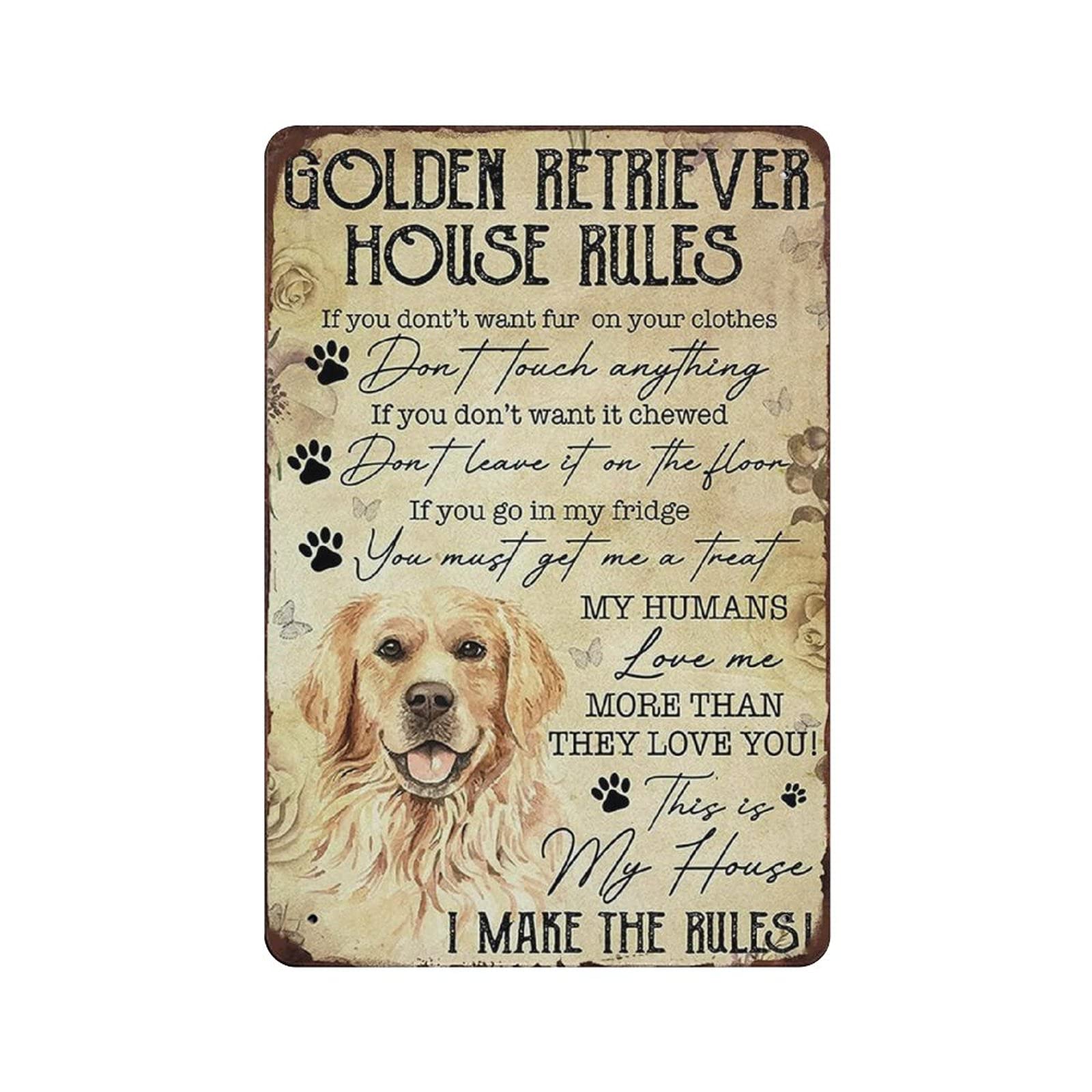 Golden Retriever House Rules Metal Tin Sign Artwork Poster Outdoor Sign Vintage Decor Plaque Poster Cave Garage Pub Bar Kitchen Home Decoration 12"x8"