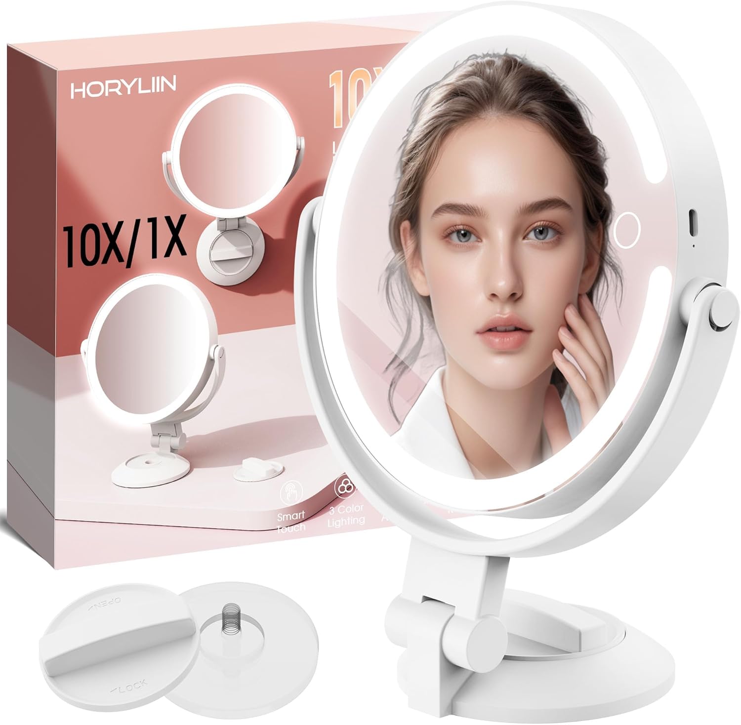 10X/1X Makeup Mirror with Lights and Magnification, 7.1” Wall Mounted Desktop Double-sided Magnifying Mirror with Suction Cup, 360°Swivel Rechargeable Travel Vanity Mirror with 3 Colors & Dimmable