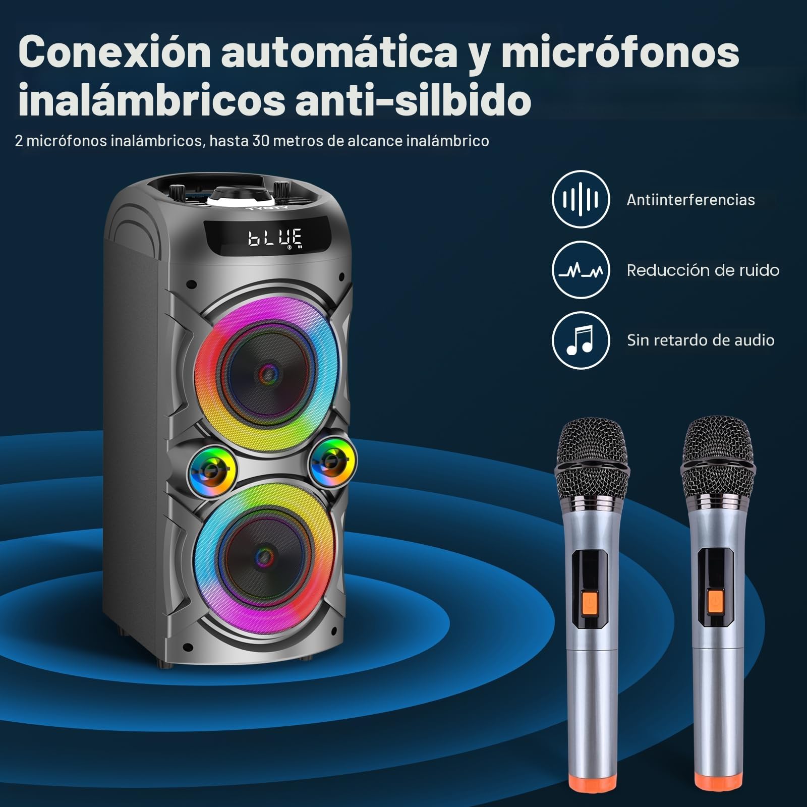 Sistema de karaoke con 2 micrófonos inalámbricos, sistema PA portátil Gran altavoz Bluetooth con luces LED, soporte de control remoto con ajuste de graves/agudos, tarjeta TF/USB