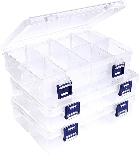 Baven 3Pcs Plastic Jewellery Organiser,Plastic Compartment Box,With 8 Grids Adjustable Compartments Adjustable,Divider Jewellery Box for Beads Earring Tool Box for Fishing Small Accessories(Clear)