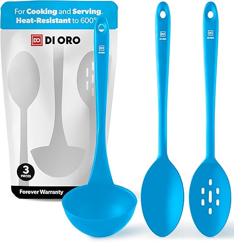 DI ORO Cucharón de silicona y cucharas para cocinar, cucharas de cocina grandes para mezclar, servir y revolver, cucharón de sopa con tazón ancho