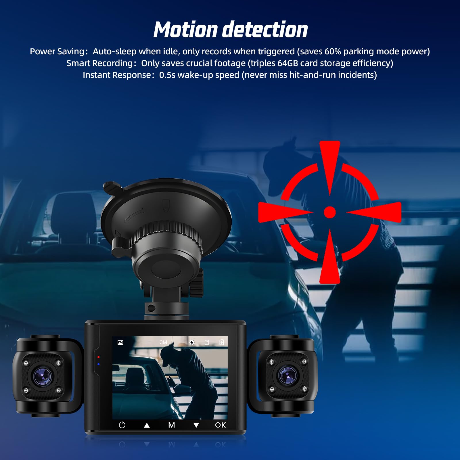 Dash Cam Auto 3 Canali con Scheda 64GB – Dashcam Fronte Retro e Interno, Full HD 1080P, Visione Notturna, Parking Mode, Rilevamento Movimento, Mini Cam Auto, Rotazione Obiettivo