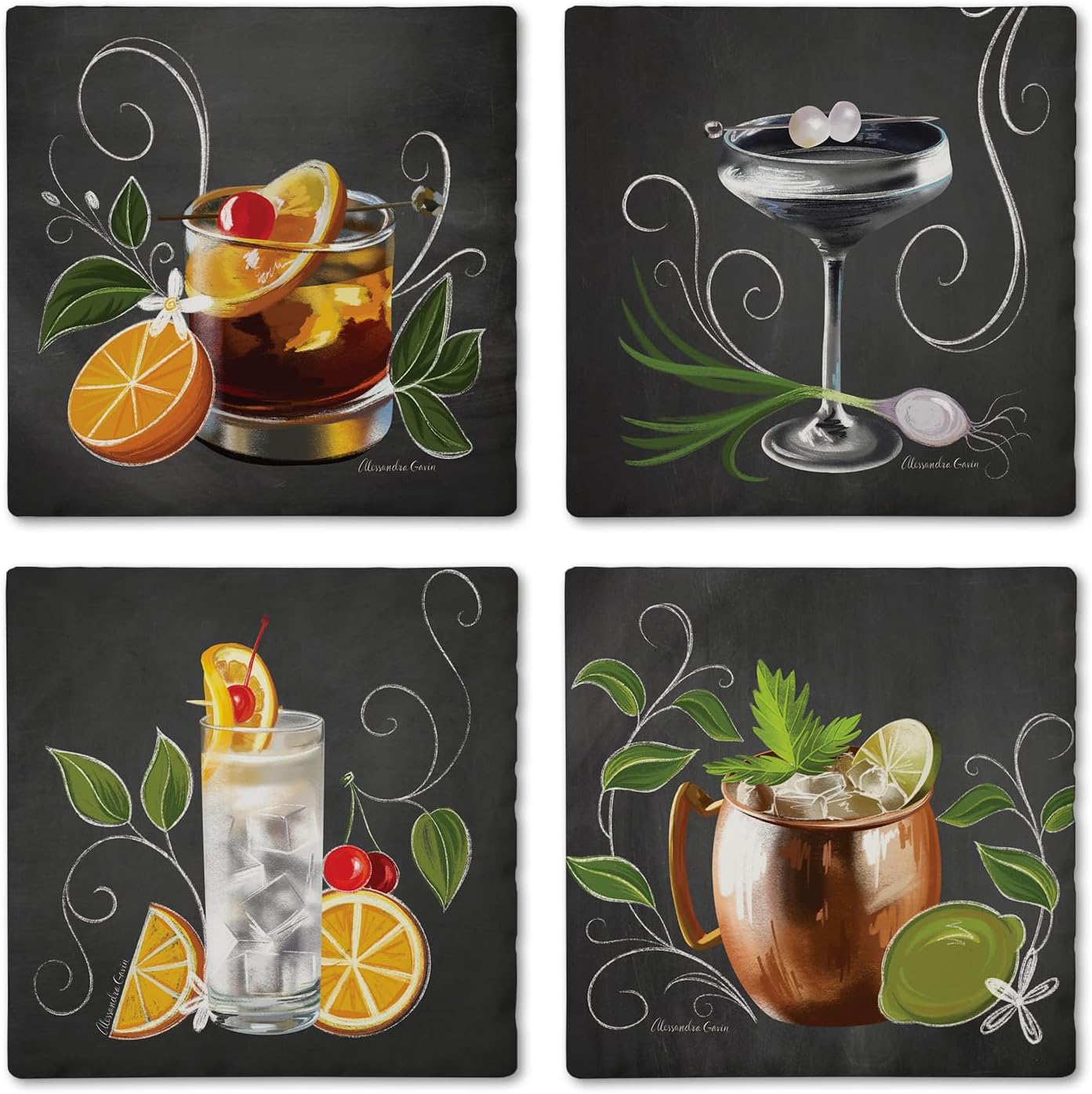 Thirstystone Crafty Cocktails 4-Pack Tumbled Tile Stone Coasters with Protective Cork Backing Manufactured in The USA Absorbent Easily Wipes Clean
