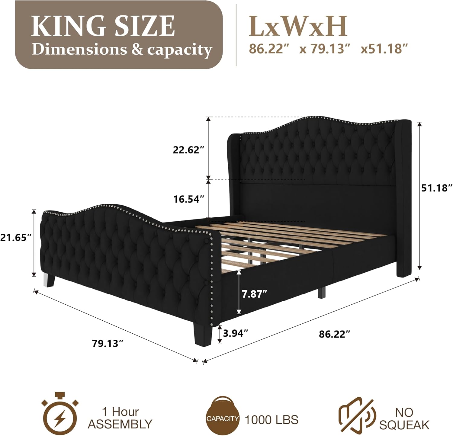 51.2" Tall King Size Bed Frame, Luxury Platform Bed with Velvet Upholstered Wingback Headboard and Footboard, Deep Button Tufted, Nailhead Trim, No Box Spring Needed, Easy Assembly, Black