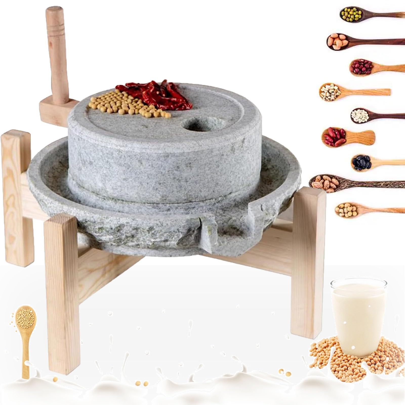 ylpddmm Stone Grain Mill,Wet Dry Cereal Bluestone Grinder,Manual Grain Wheat Flour Paste Stone Mill Grinder,for Bean Barley Spice Corn,with Wooden Frame 20 * 30cm