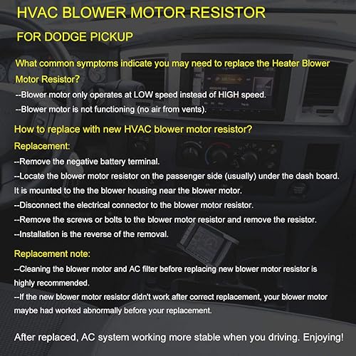 Miniatura 6 de FAERSI Reemplazo de resistencia del motor del ventilador HVAC para Dodge Ram 1500 2500 3500 1994-2008, Grand Cherokee 1993-1999, sustituye a RU109