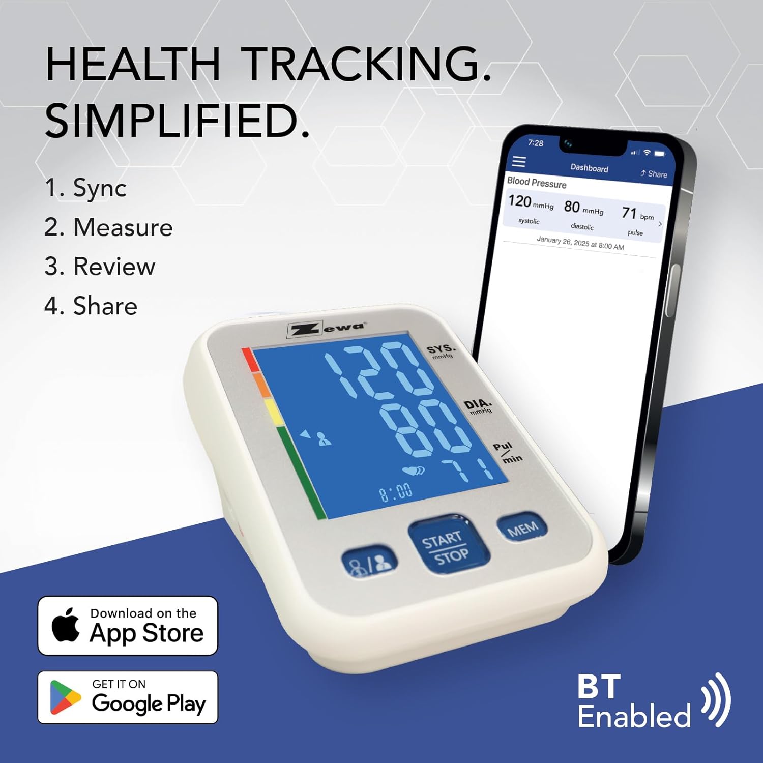 Zewa Premium Automatic Blood Pressure Monitor with Bluetooth and Extra-Large Display for Android & iOS