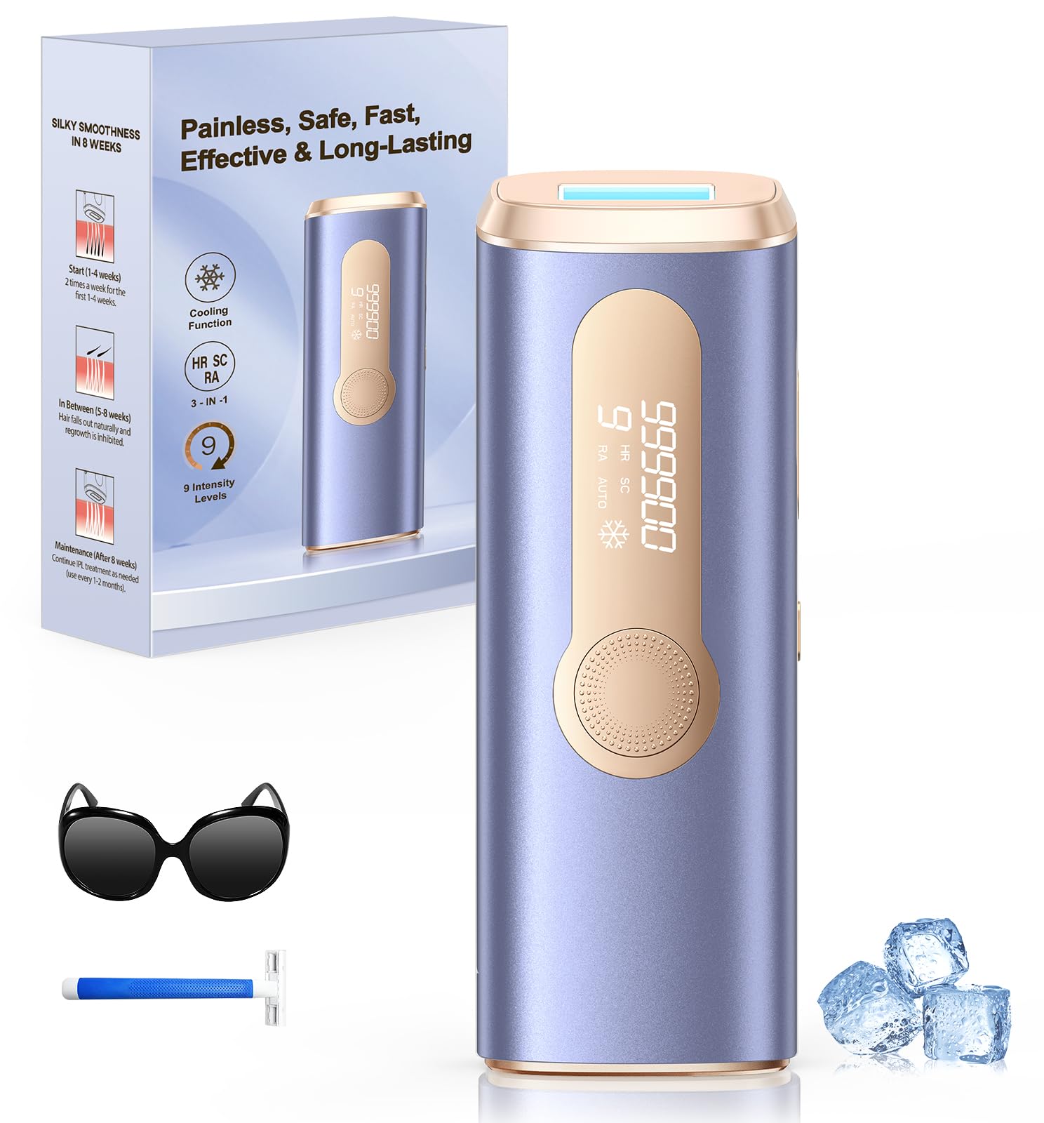 IPL Depiladora de Luz Pulsada con Función de Enfriamiento,9 Niveles de Energía y 3 Funciones Avanzadas HR/SC/RA con 999,900 Flashes,Depilación Laser sin Dolor para Cuerpo,Piernas,Axilas-Lujo Morado