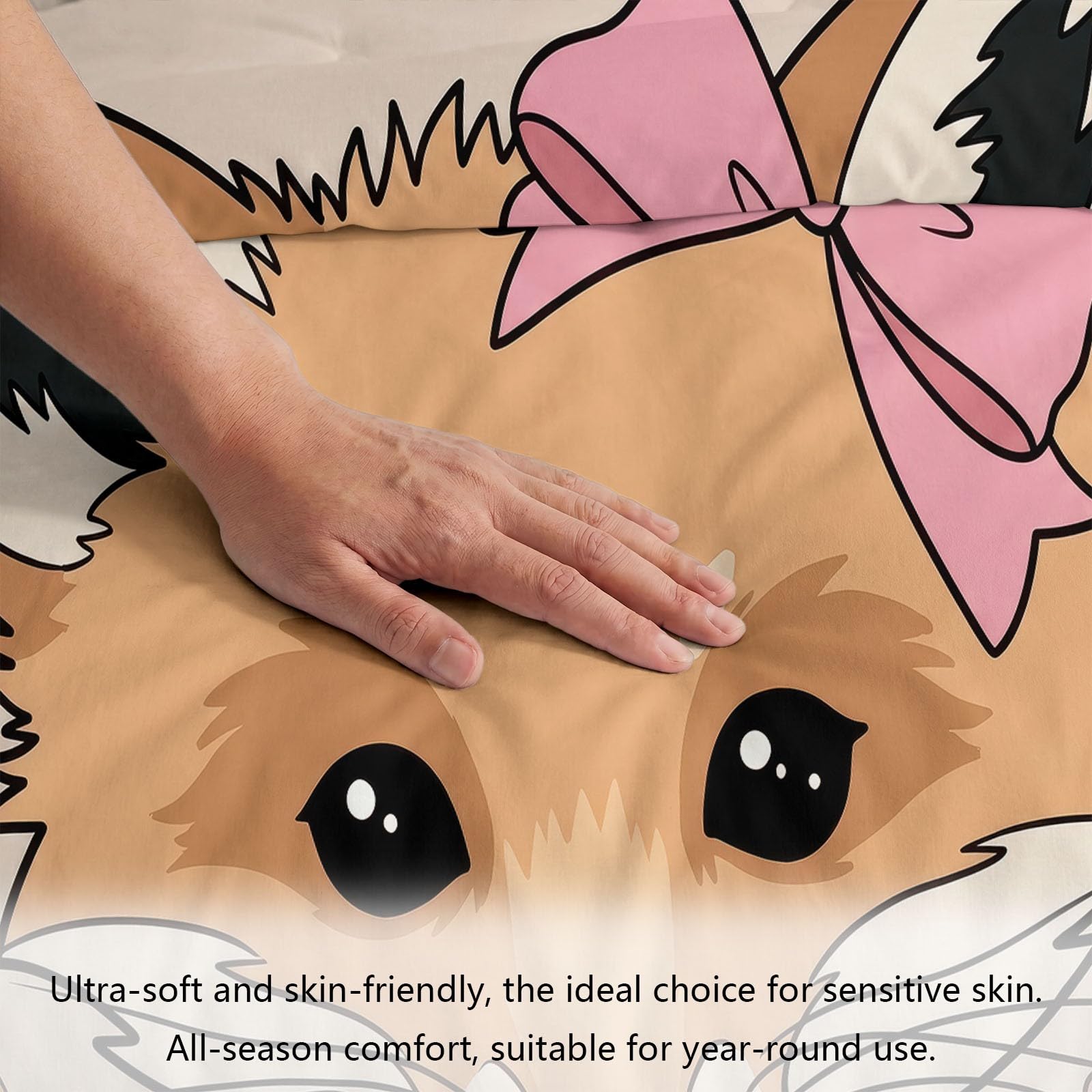 Generisch Bettwäsche Set 3-teilig 200 x 200 cm, Niedlich Handgezeichnet Kinderbettwäsche Mikrofaser mit Reißverschluss - Bettbezug Tiere Fuchs Schleife für Jungen Mädchen Hellbeige Bettwaren